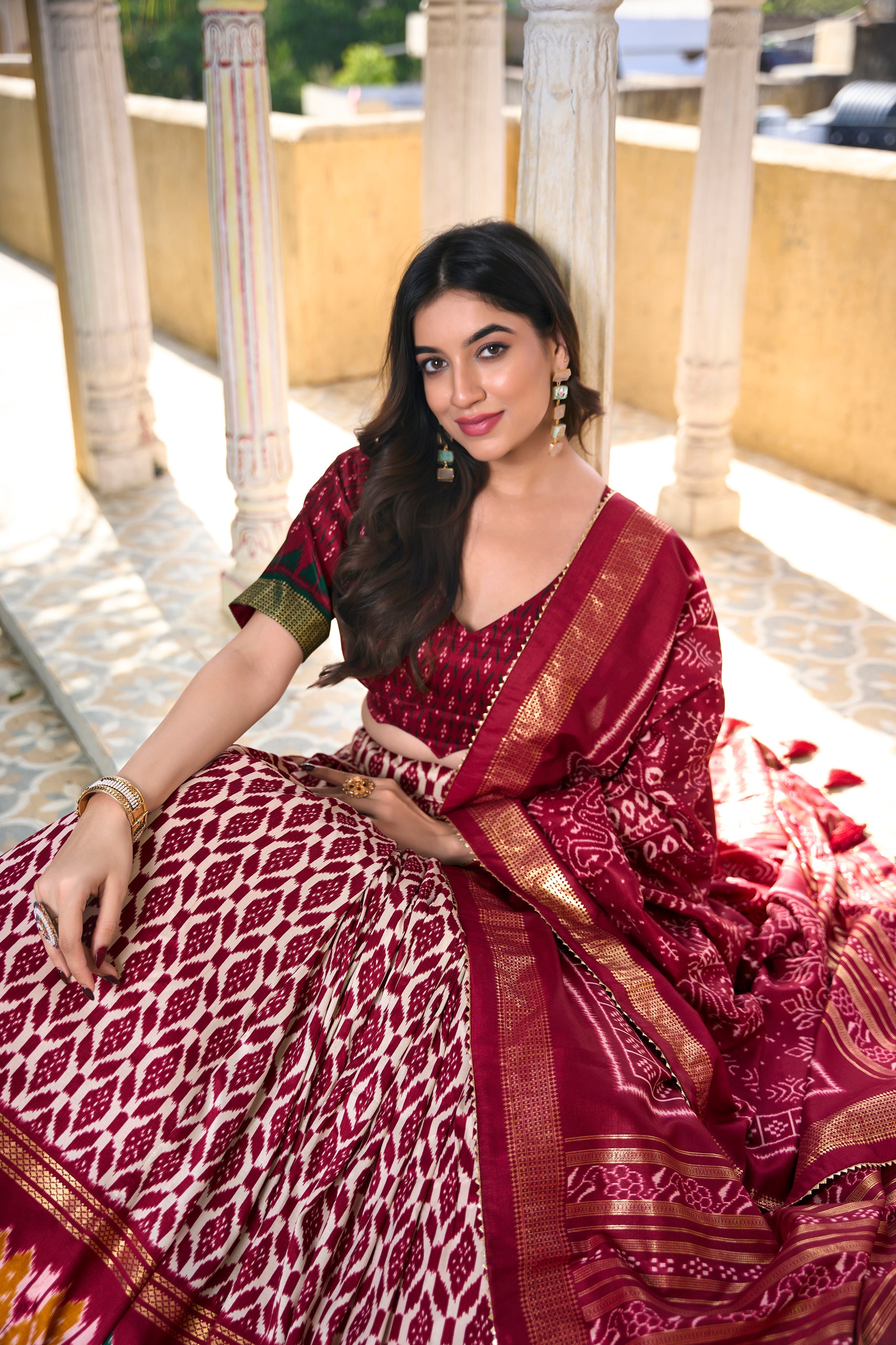 Patola Printed Tussar Silk Lehenga in Maroon