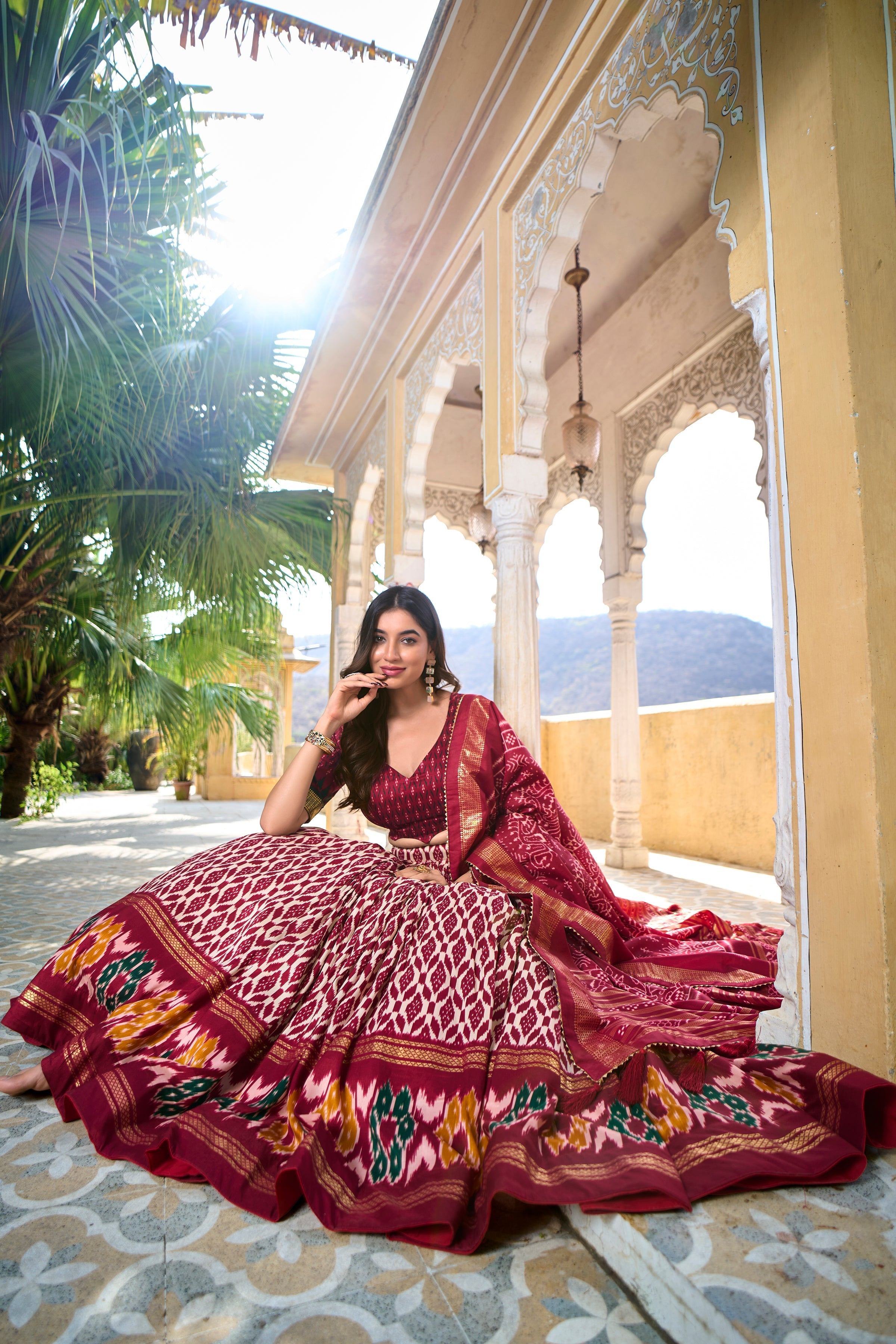 Patola Printed Tussar Silk Lehenga in Maroon