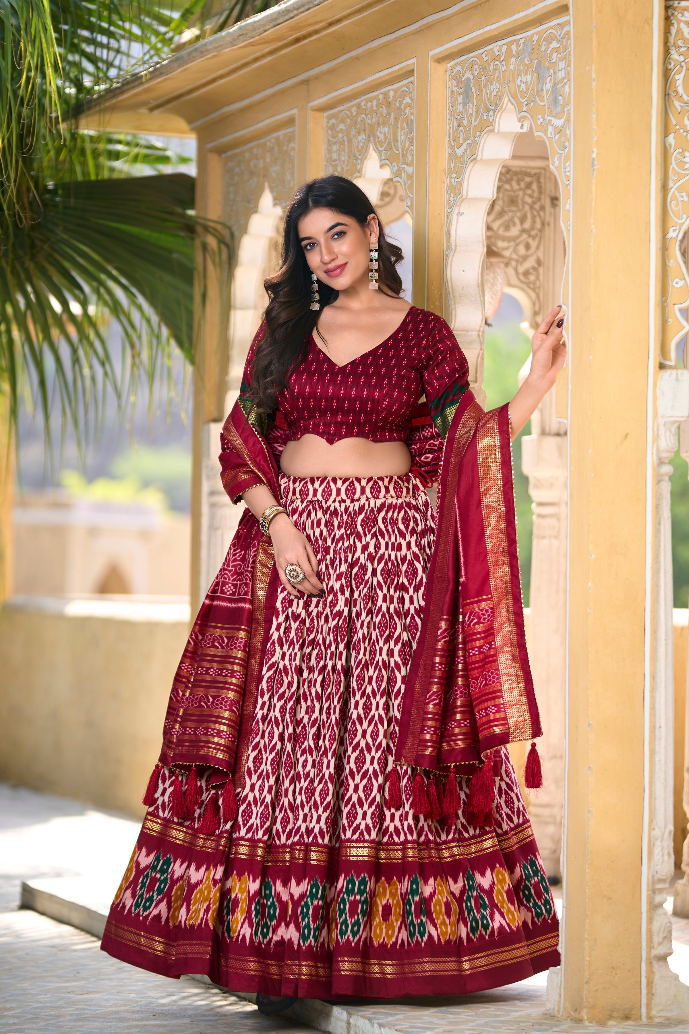 Patola Printed Tussar Silk Lehenga in Maroon