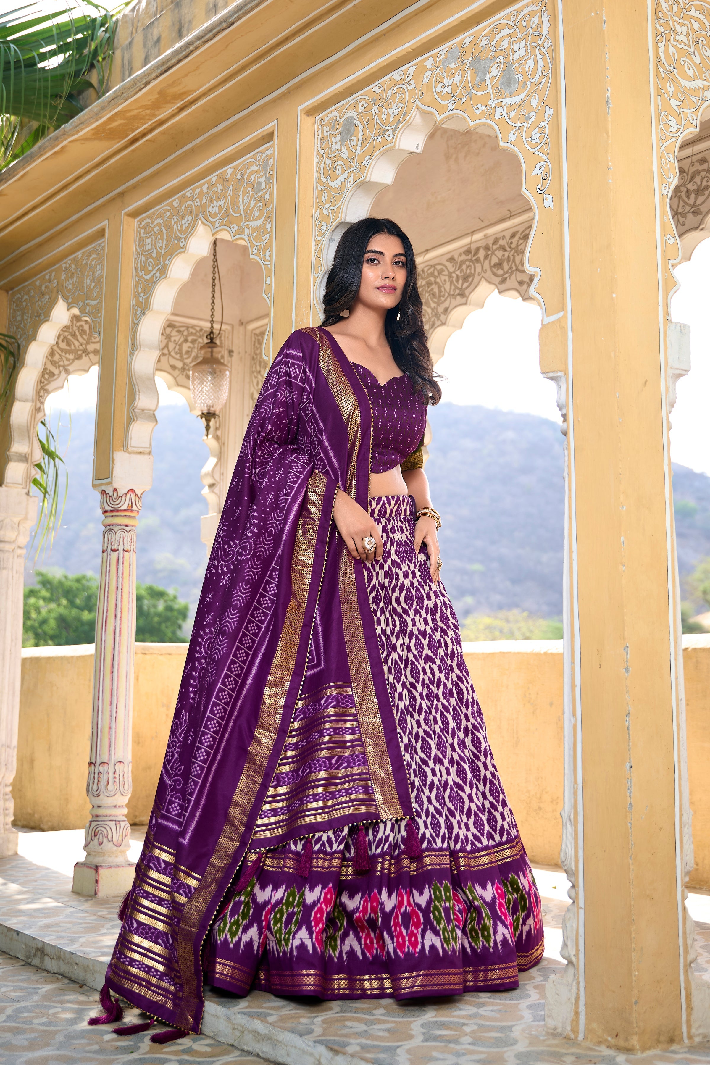 Patola Printed Tussar Silk Lehenga in Purple