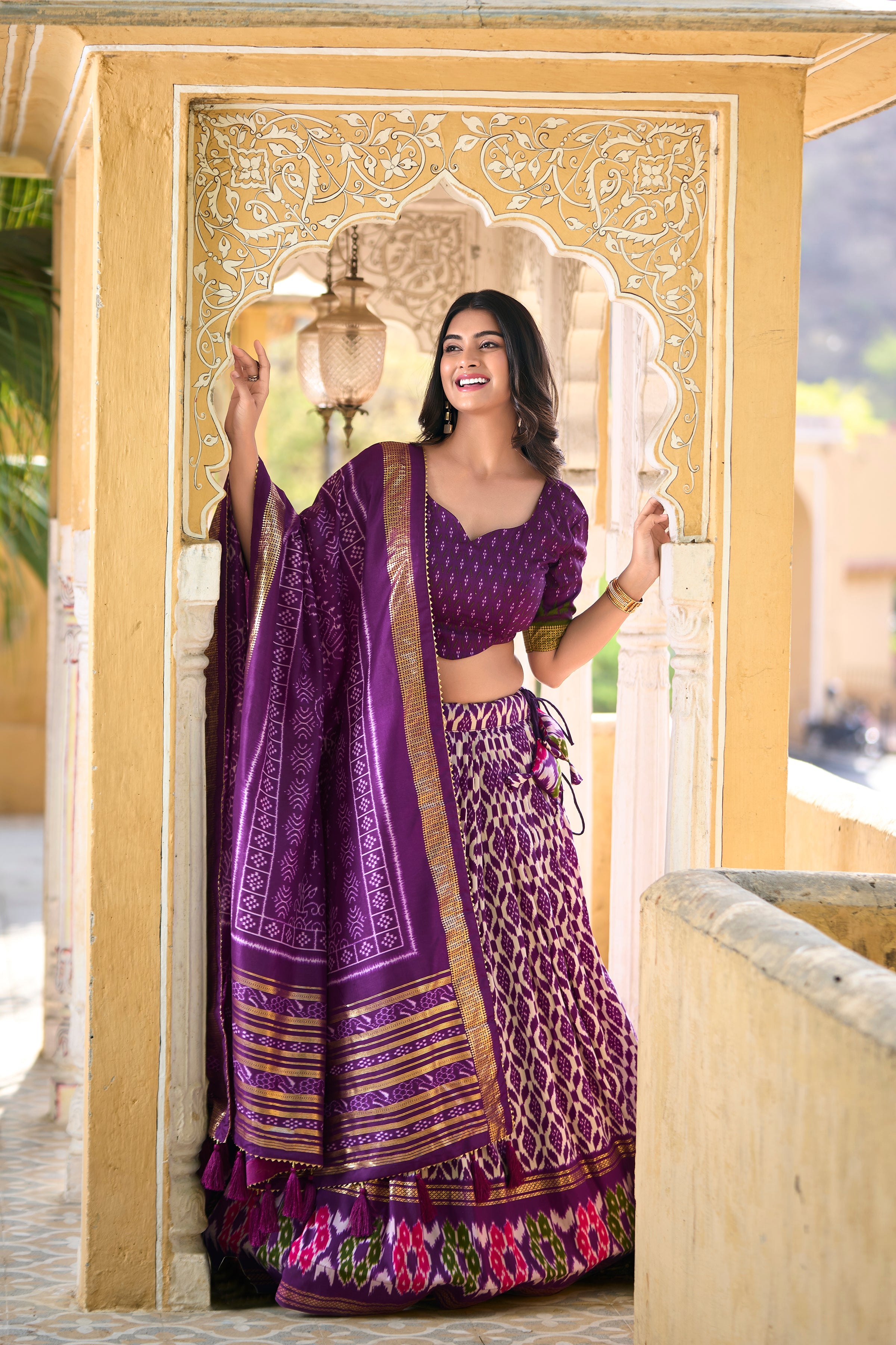 Patola Printed Tussar Silk Lehenga in Purple