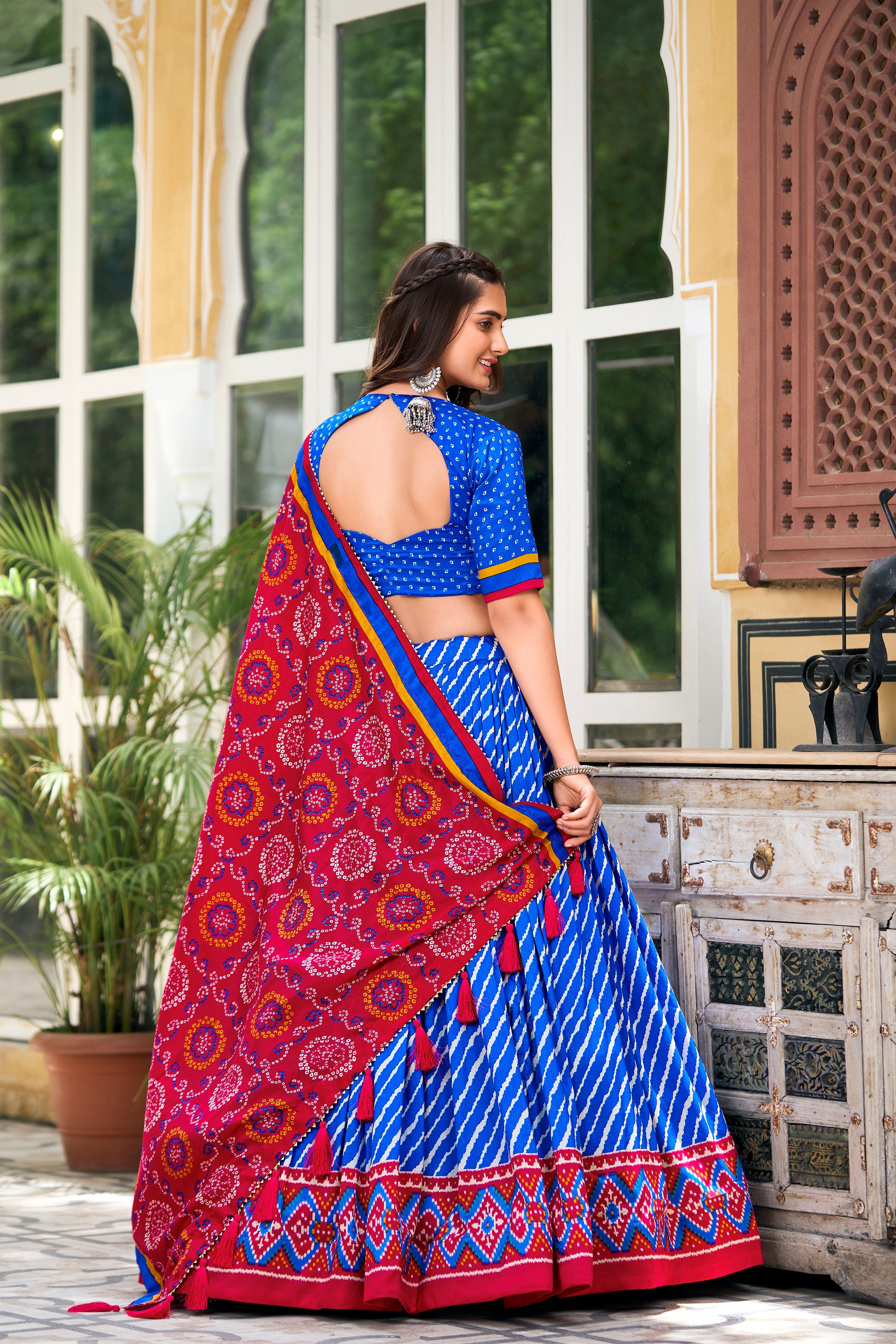 Royal Blue Color Leheriya With Patola Print Tussar Silk Lehenga Choli