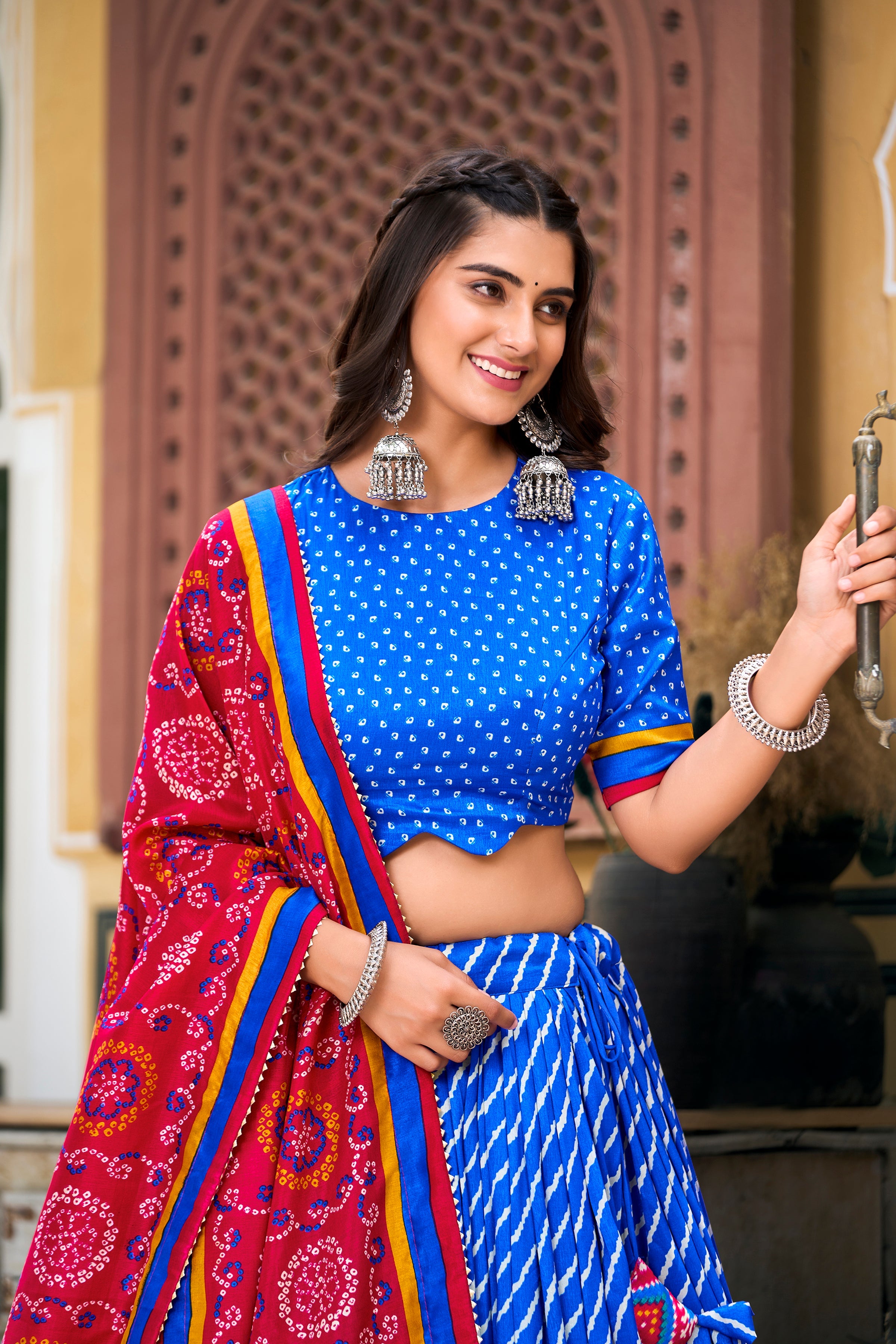 Royal Blue Color Leheriya With Patola Print Tussar Silk Lehenga Choli