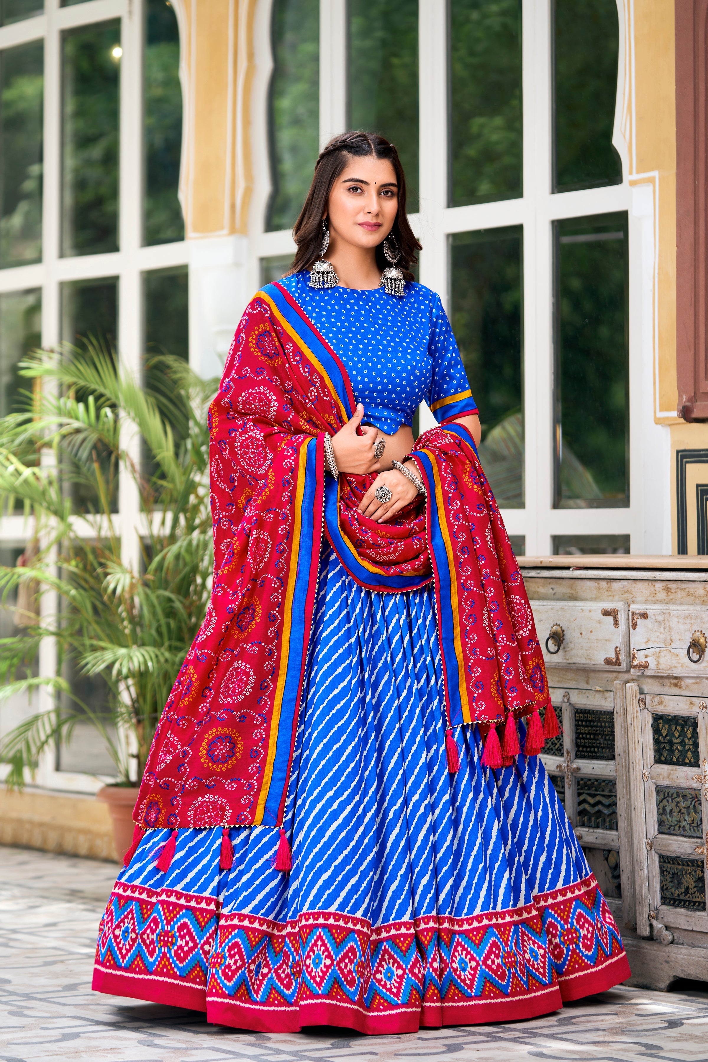 Royal Blue Color Leheriya With Patola Print Tussar Silk Lehenga Choli