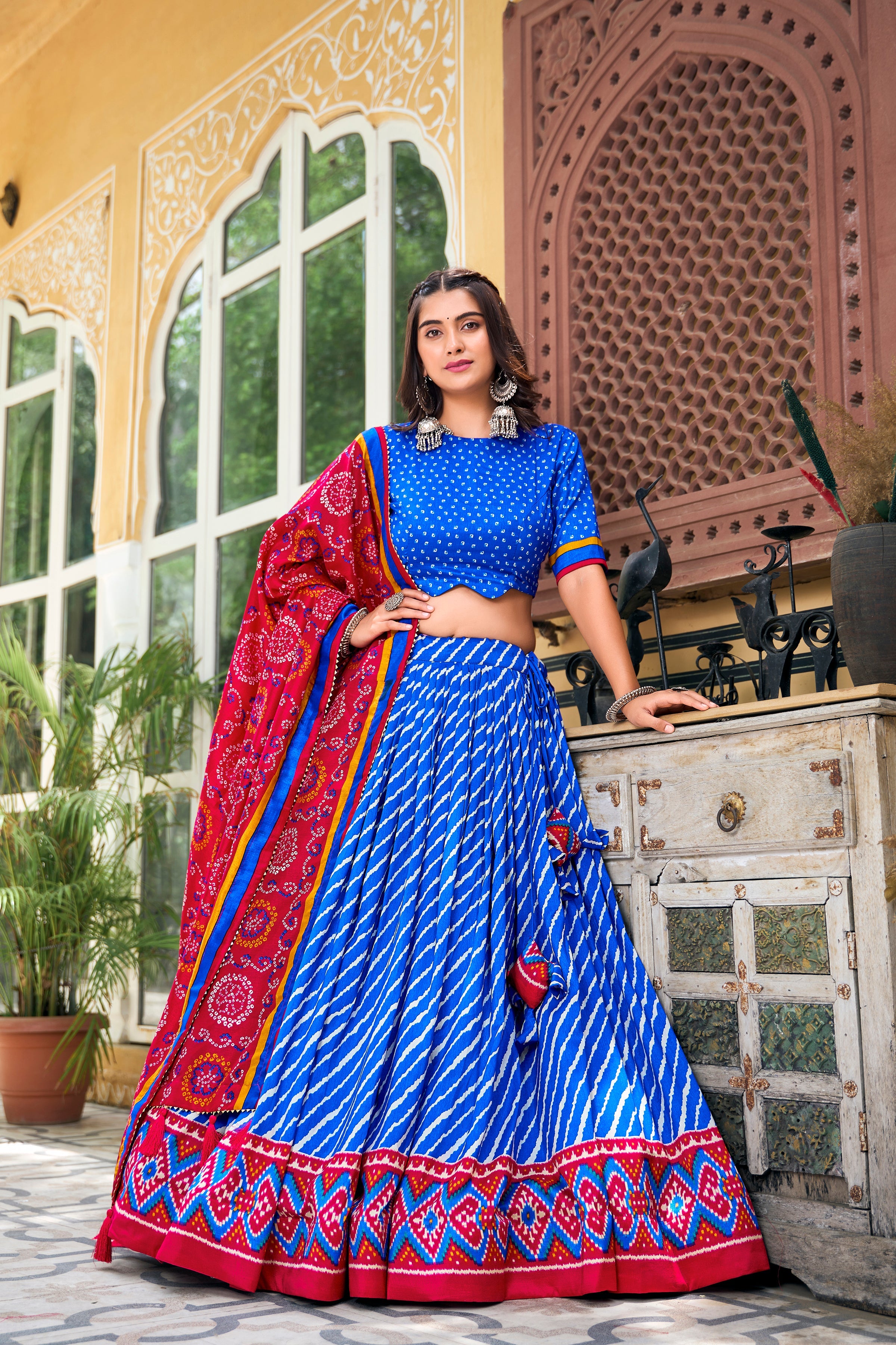 Royal Blue Color Leheriya With Patola Print Tussar Silk Lehenga Choli