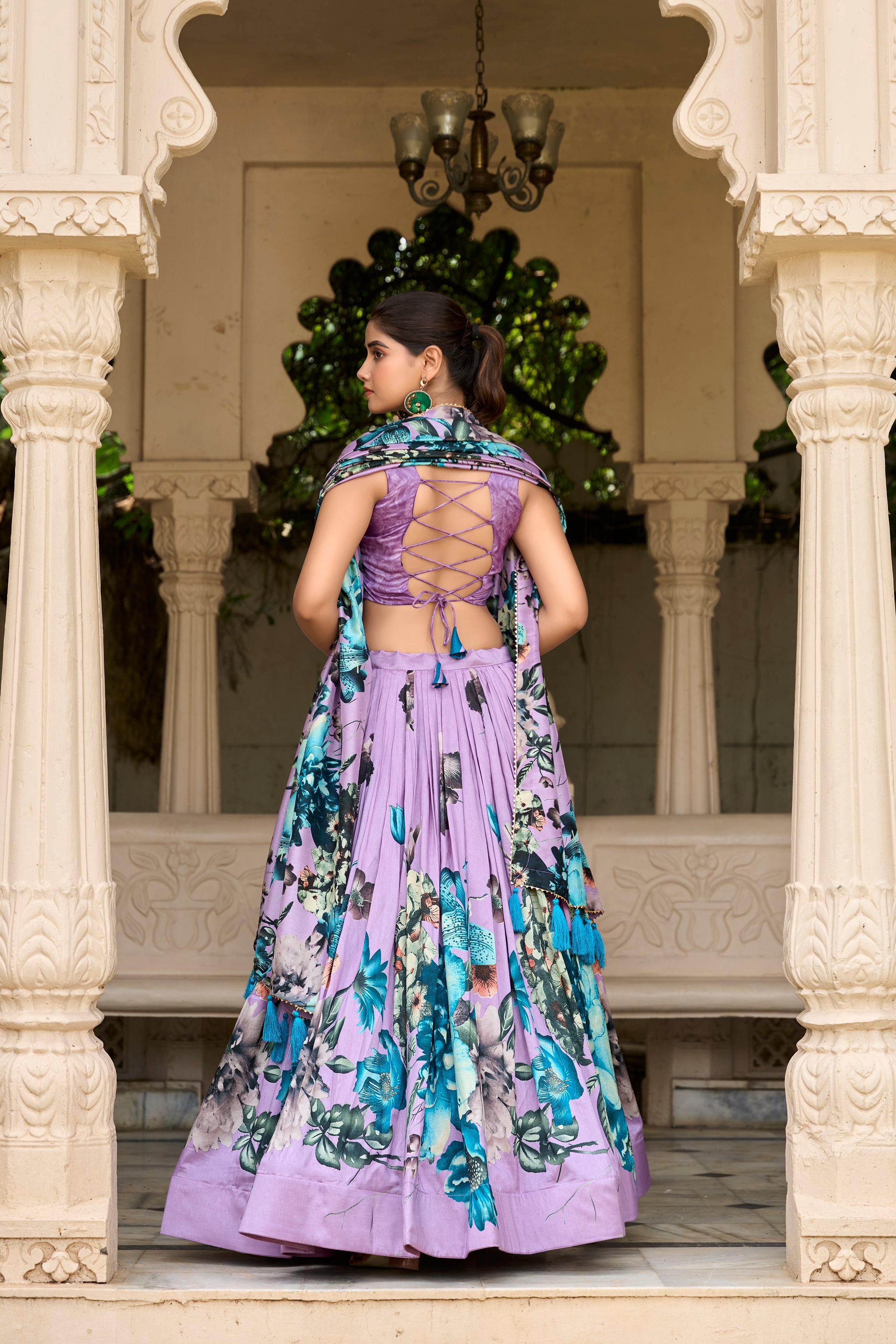 Lavender Color Tussar Silk Floral Printed Lehenga Choli