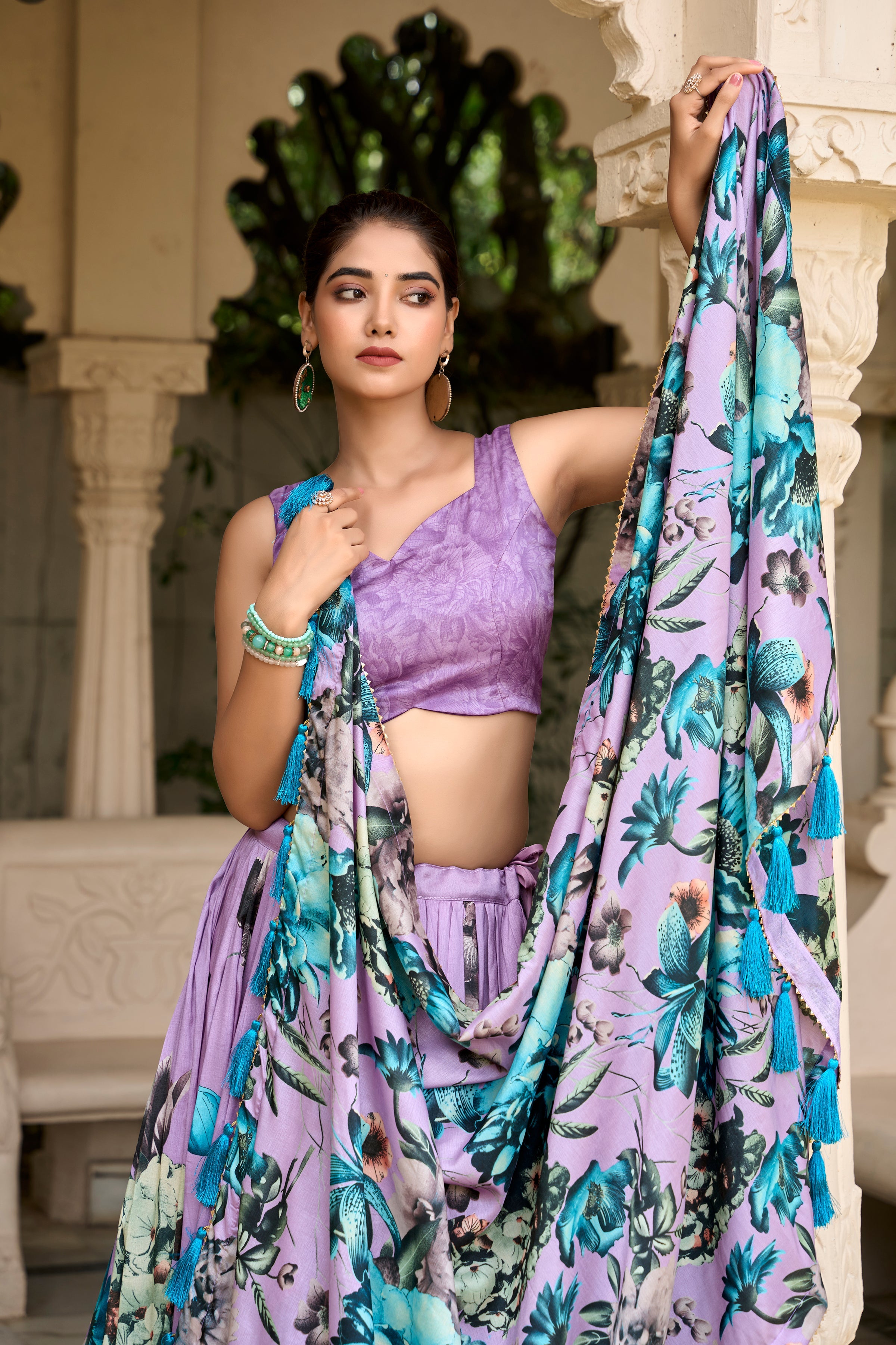 Lavender Color Tussar Silk Floral Printed Lehenga Choli