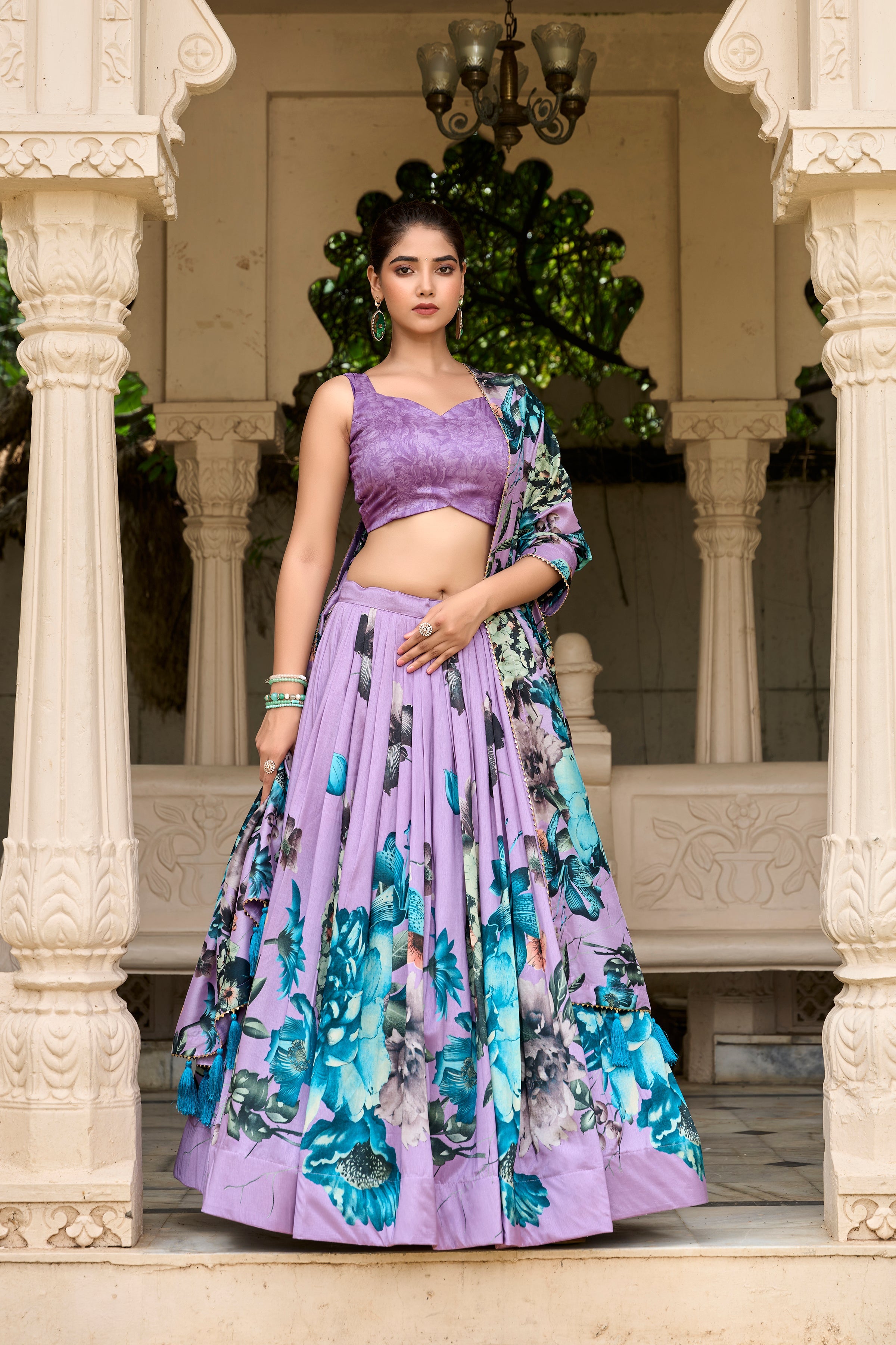 Lavender Color Tussar Silk Floral Printed Lehenga Choli