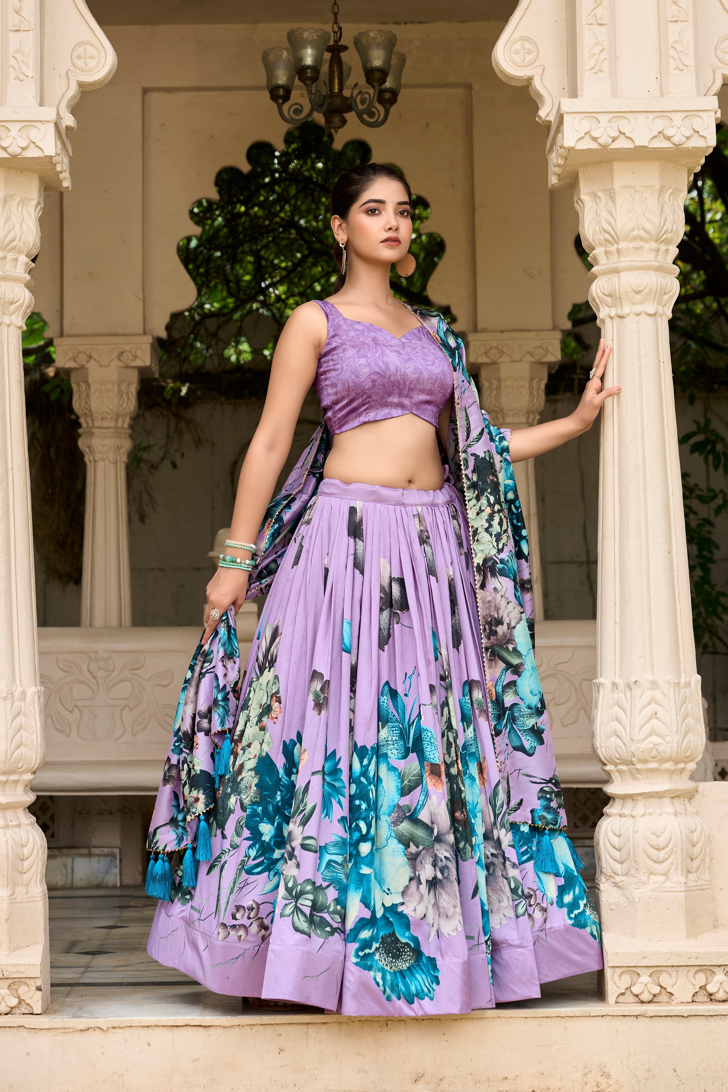 Lavender Color Tussar Silk Floral Printed Lehenga Choli