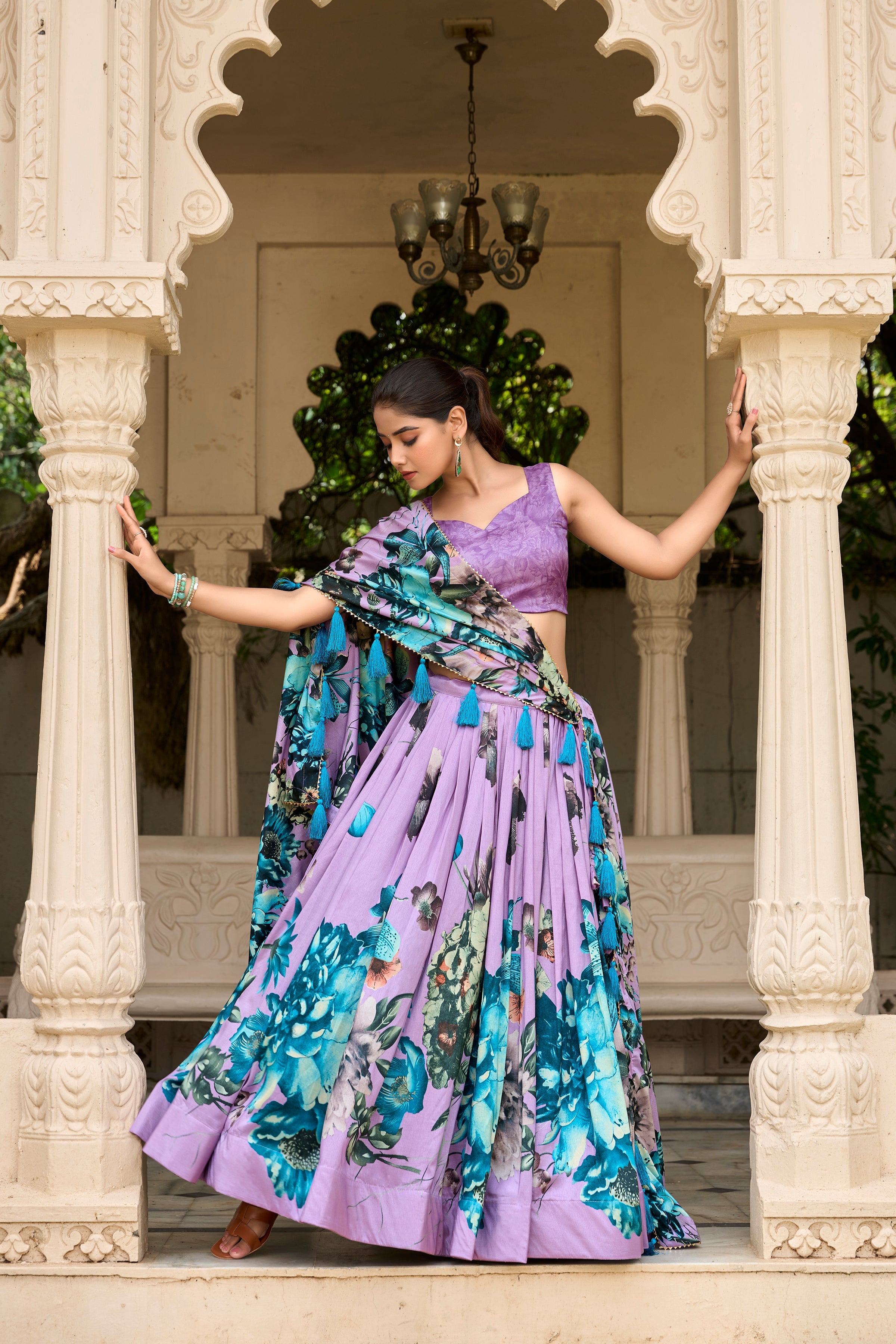Lavender Color Tussar Silk Floral Printed Lehenga Choli