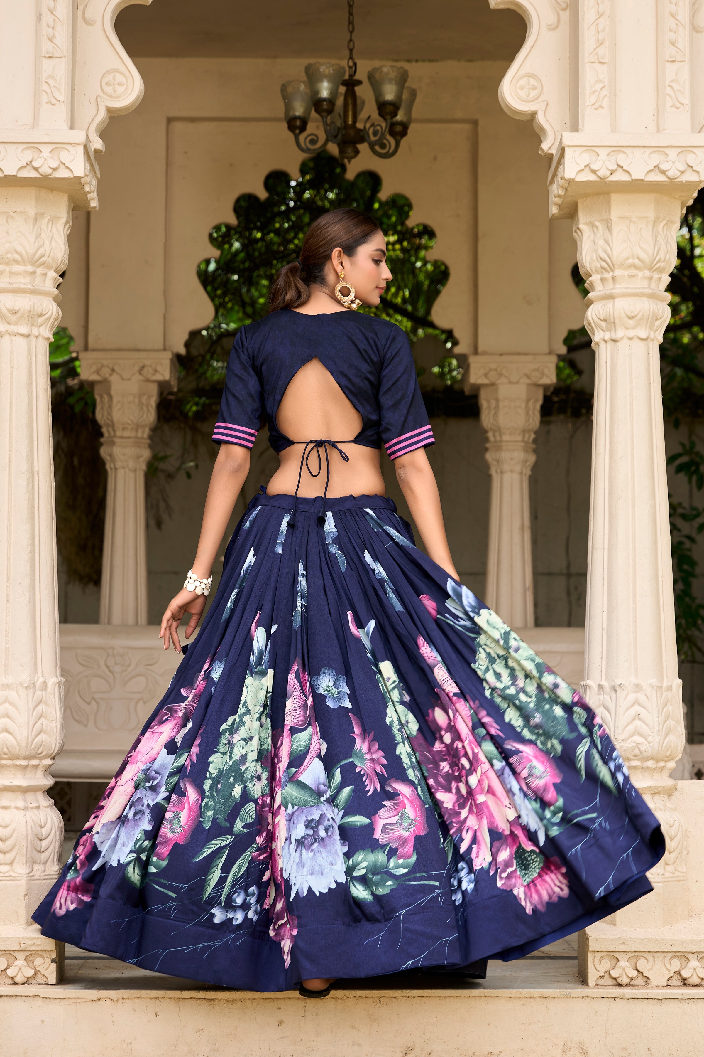 Navy Blue Color Tussar Silk Floral Printed Lehenga Choli