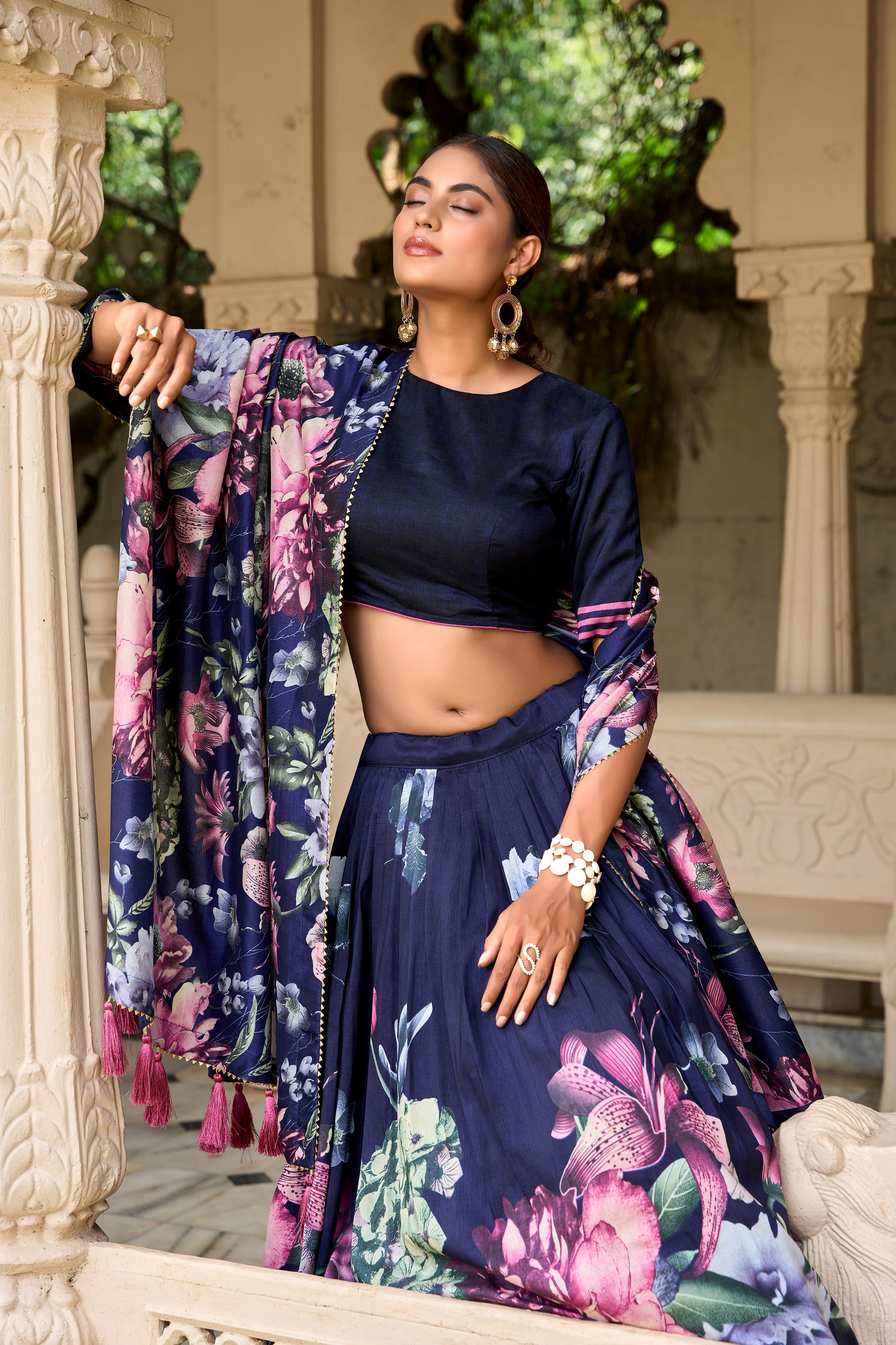 Navy Blue Color Tussar Silk Floral Printed Lehenga Choli