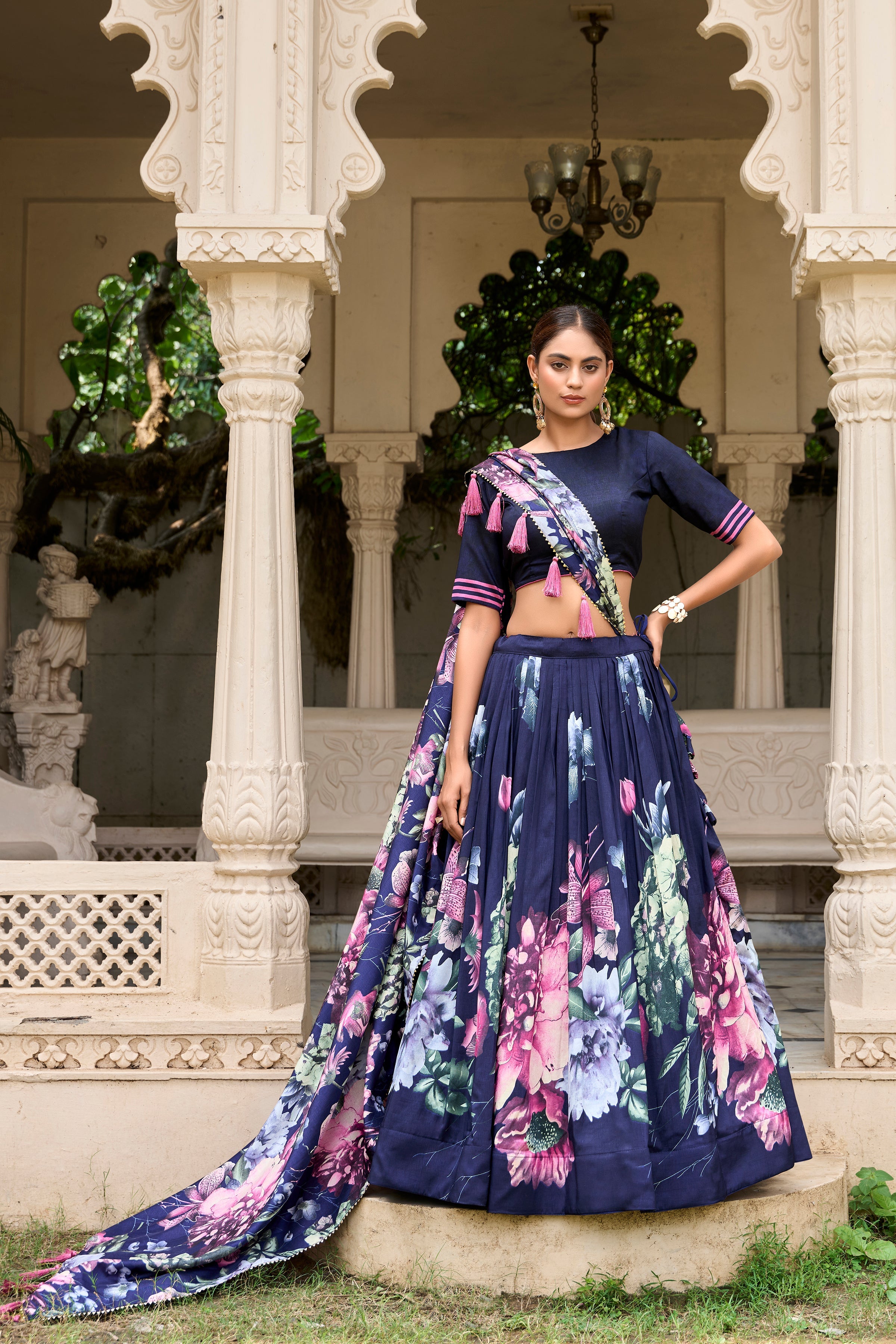 Navy Blue Color Tussar Silk Floral Printed Lehenga Choli