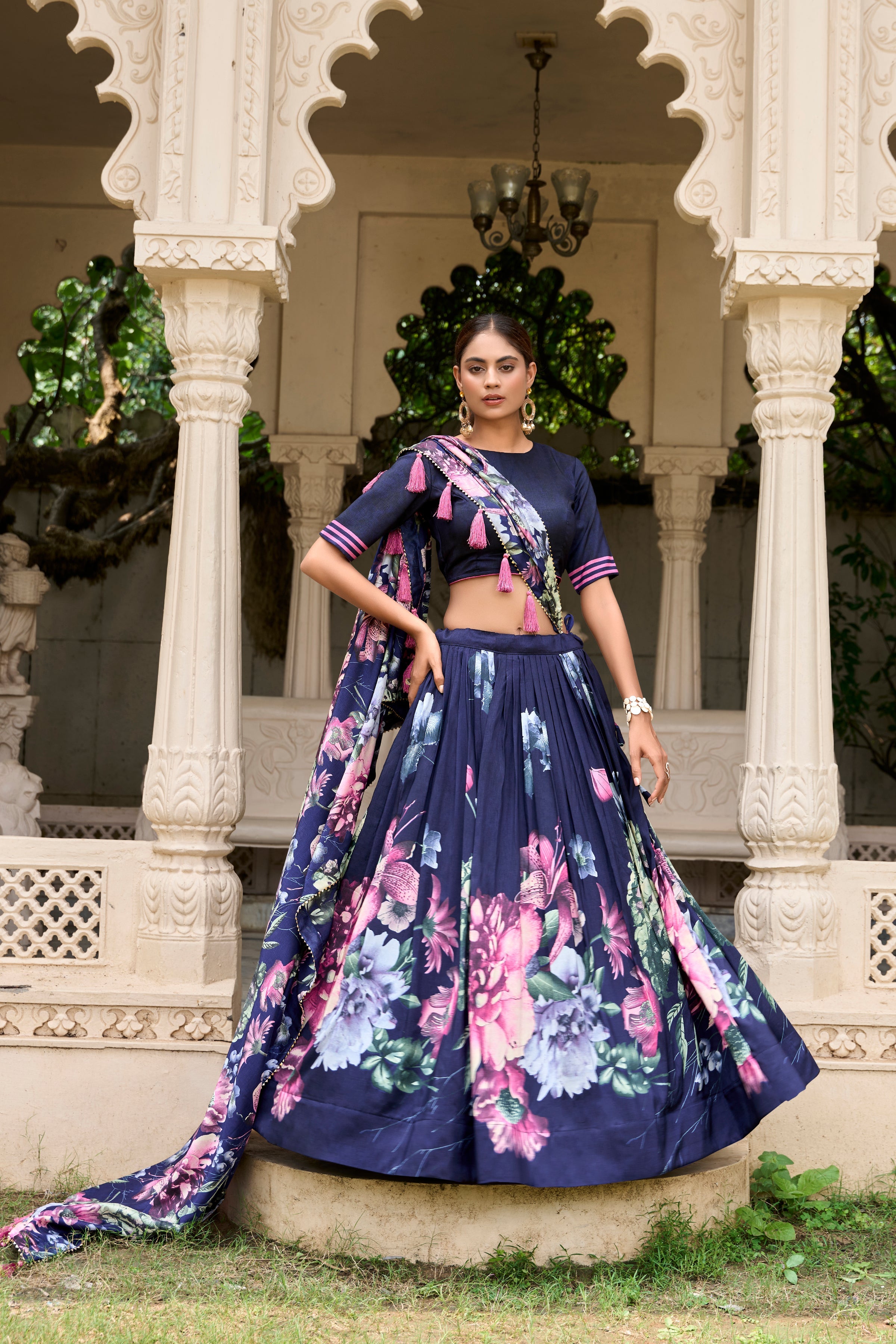 Navy Blue Color Tussar Silk Floral Printed Lehenga Choli