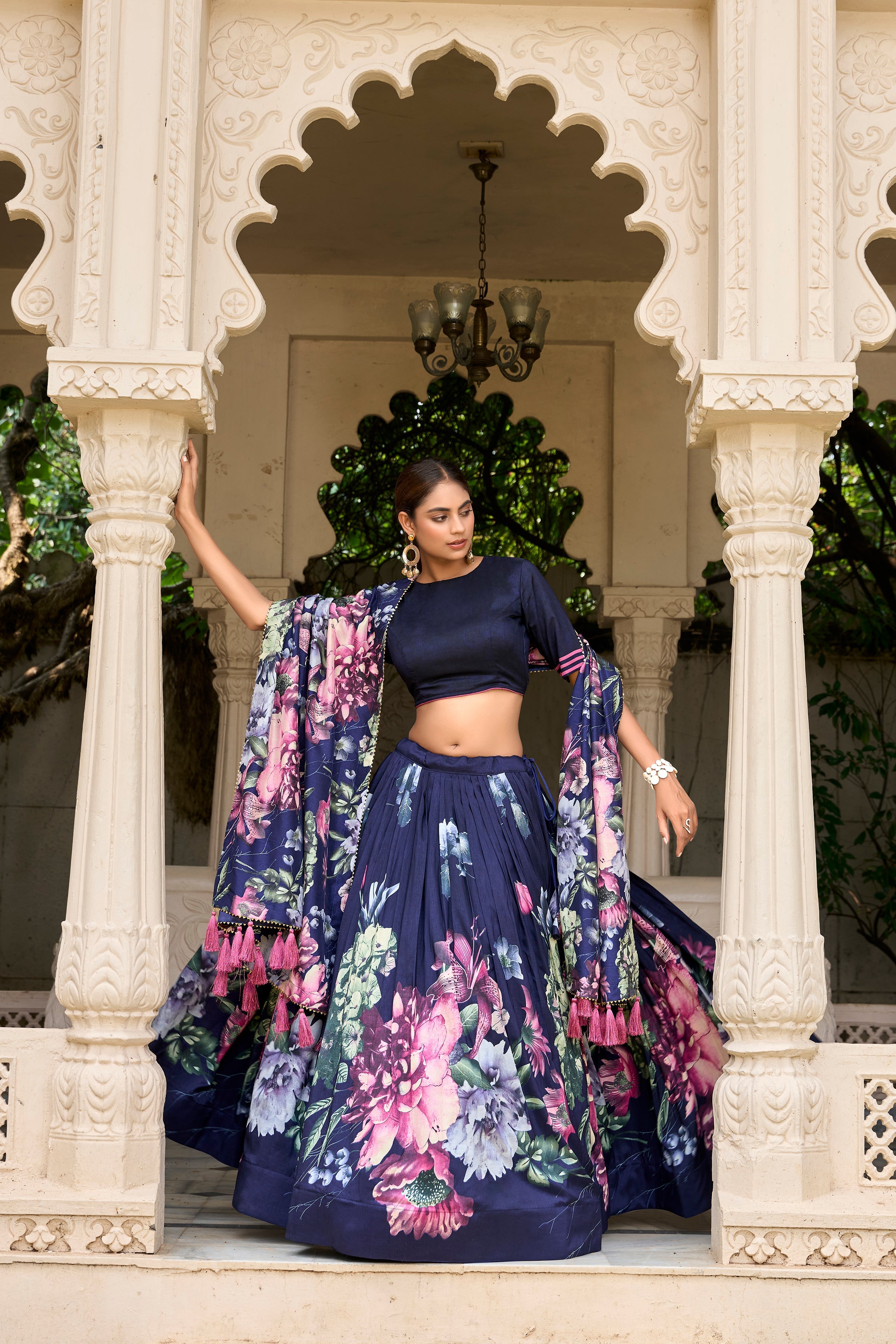Navy Blue Color Tussar Silk Floral Printed Lehenga Choli