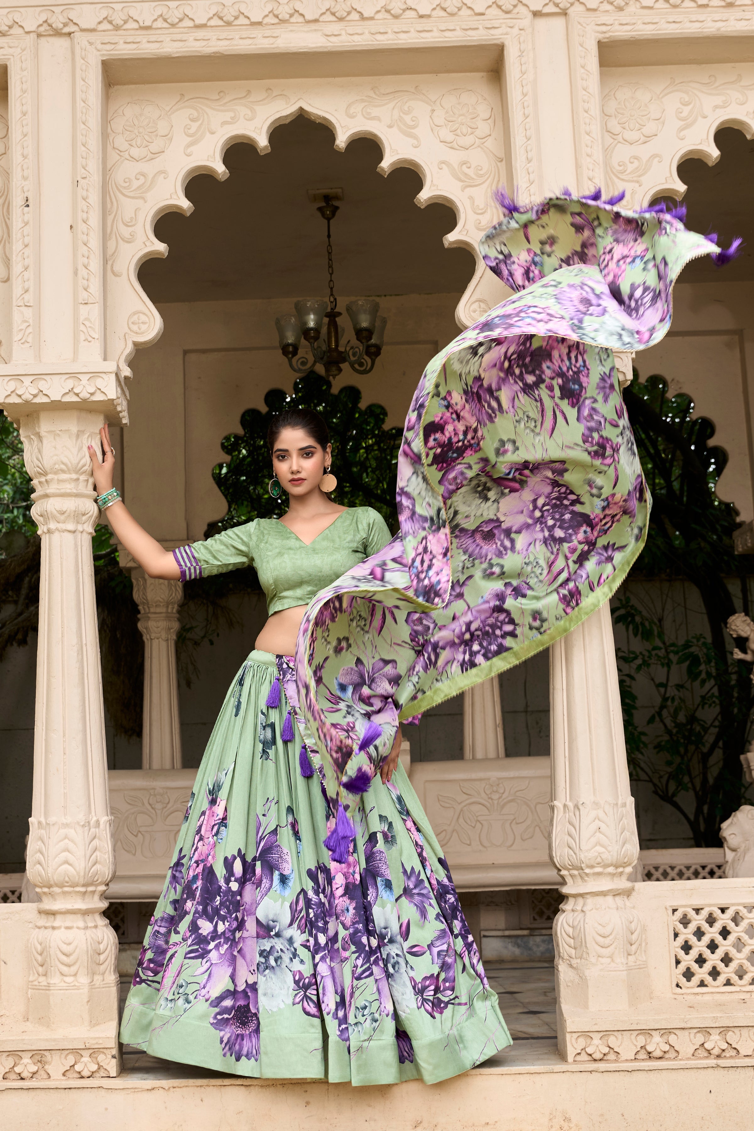 Pista Color Tussar Silk Floral Printed Lehenga Choli