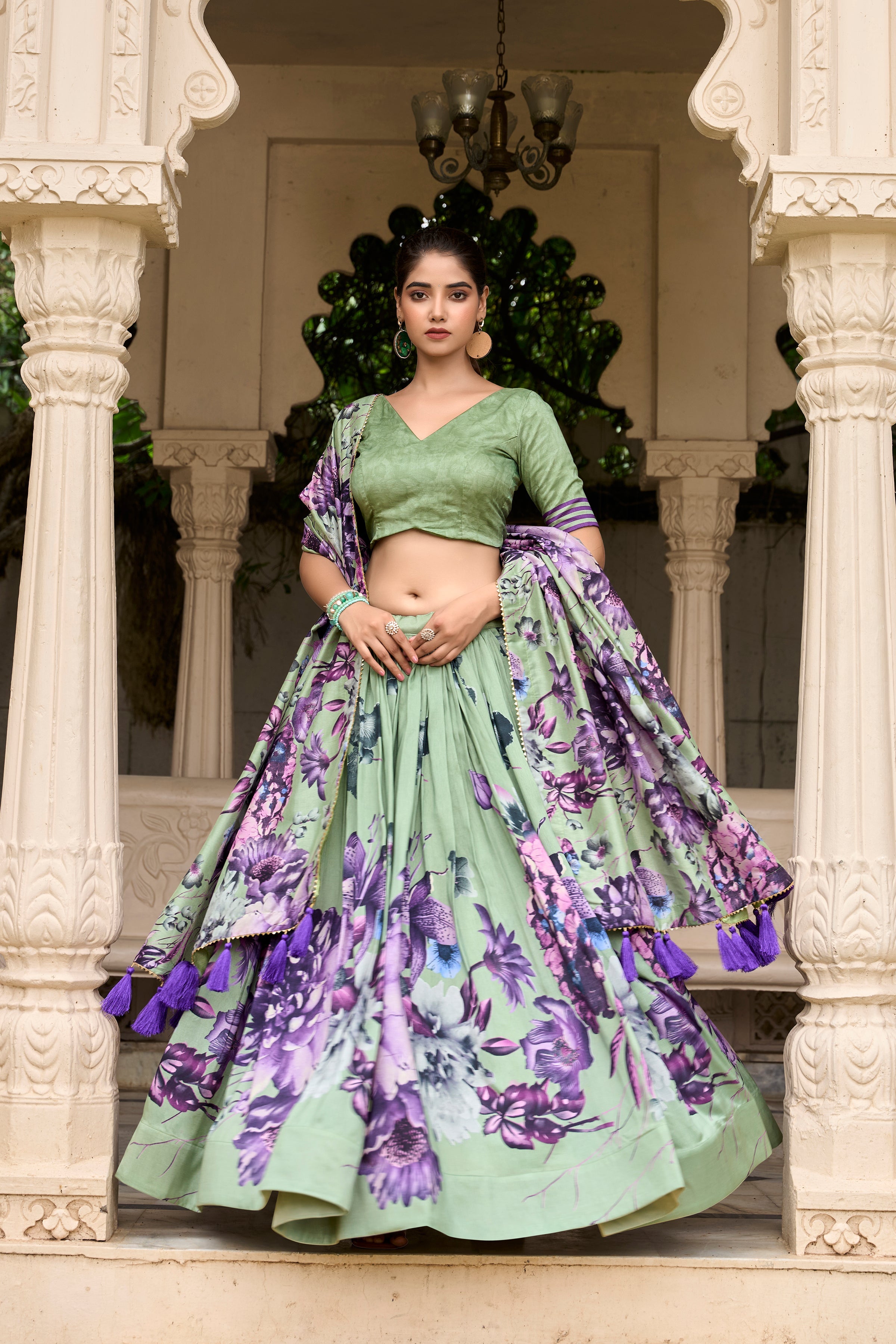 Pista Color Tussar Silk Floral Printed Lehenga Choli