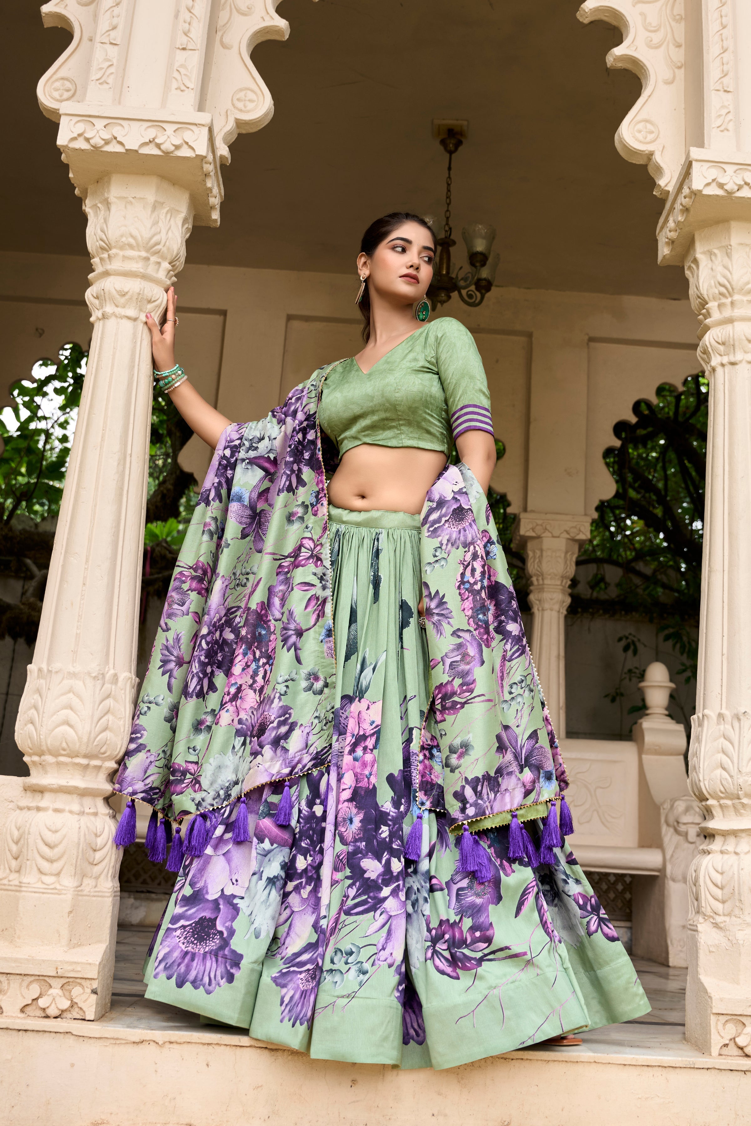 Pista Color Tussar Silk Floral Printed Lehenga Choli