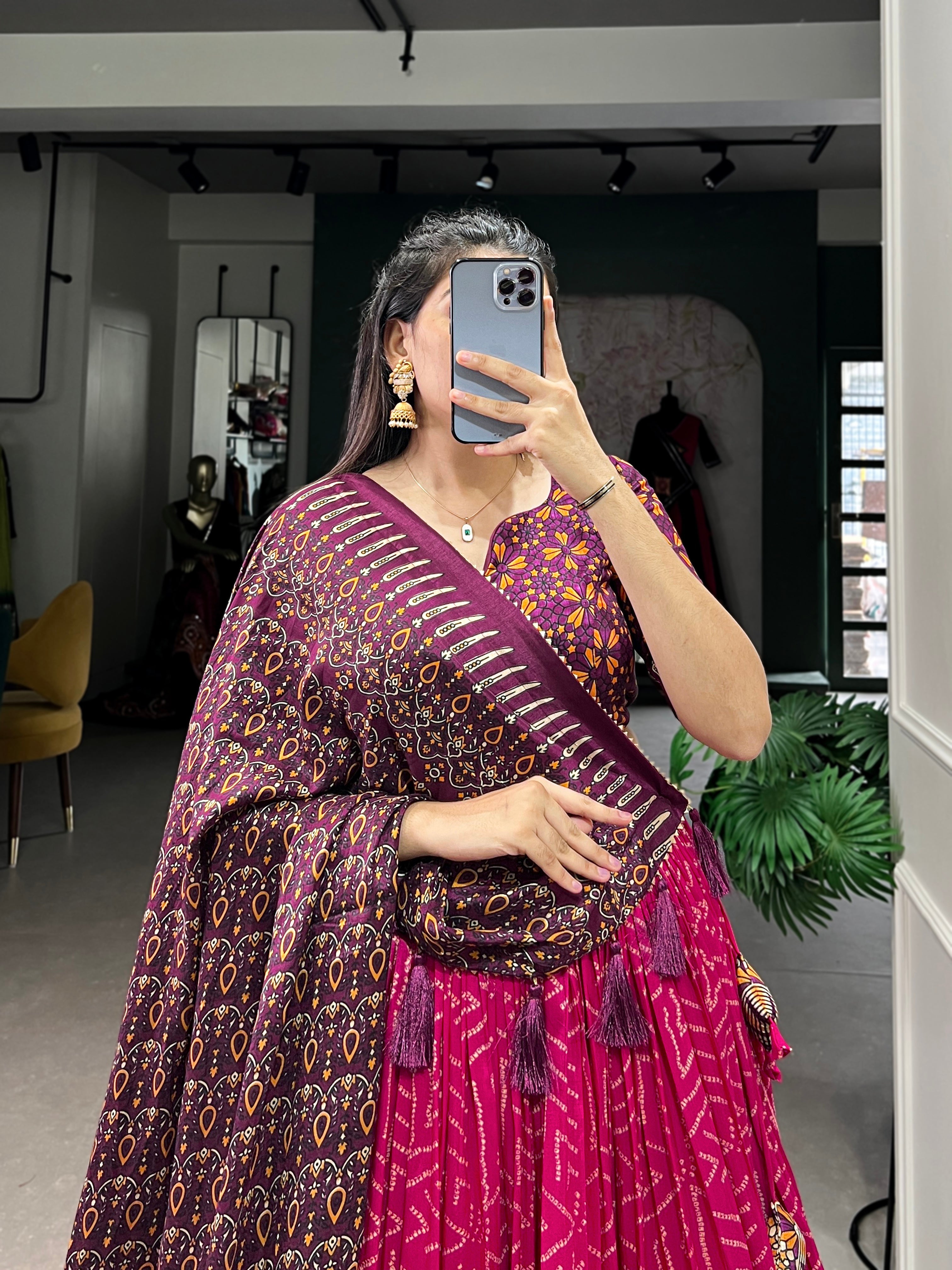 Bandhej and ajarakh print tussar silk lehenga choli
