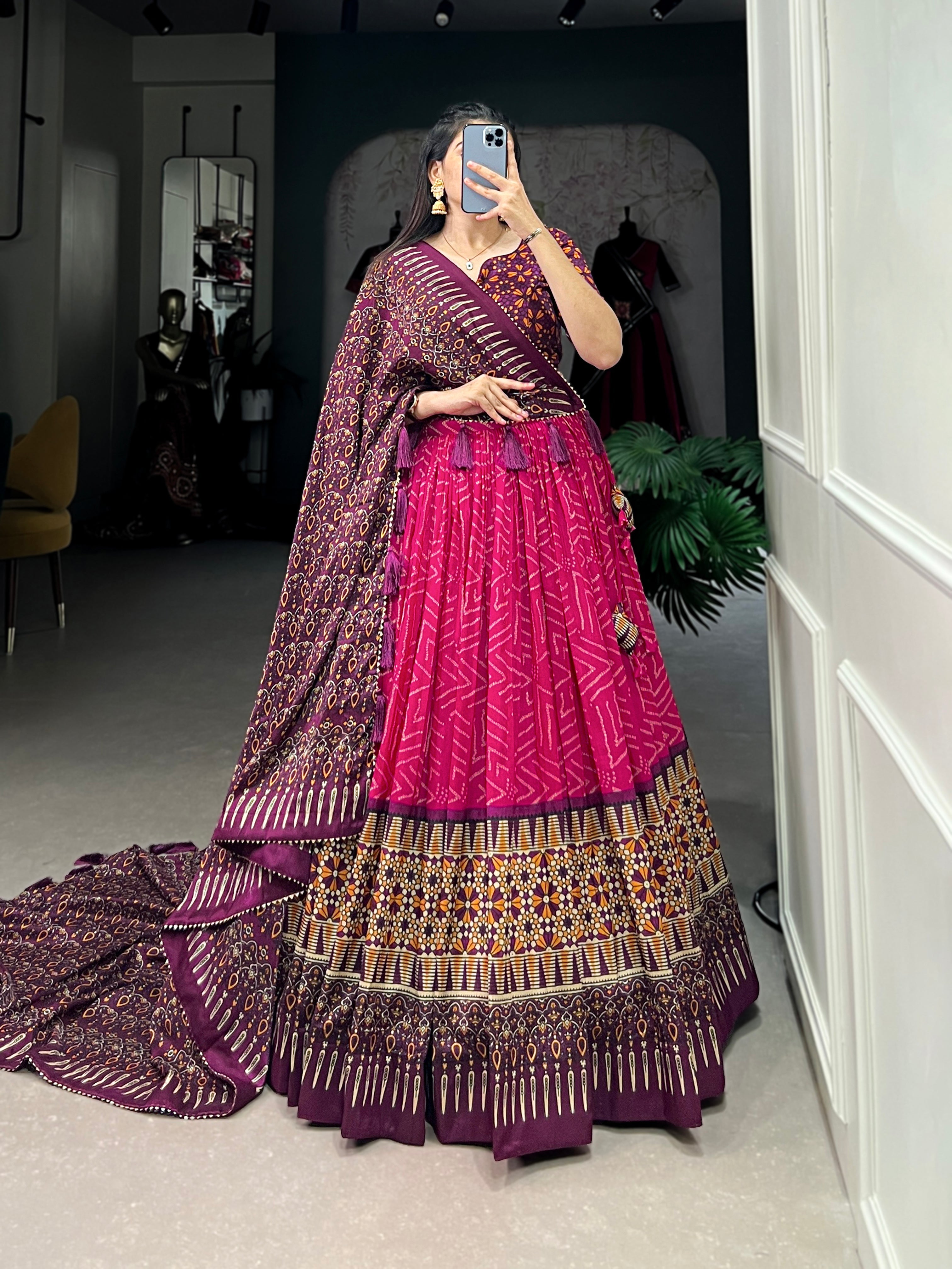 Bandhej and ajarakh print tussar silk lehenga choli