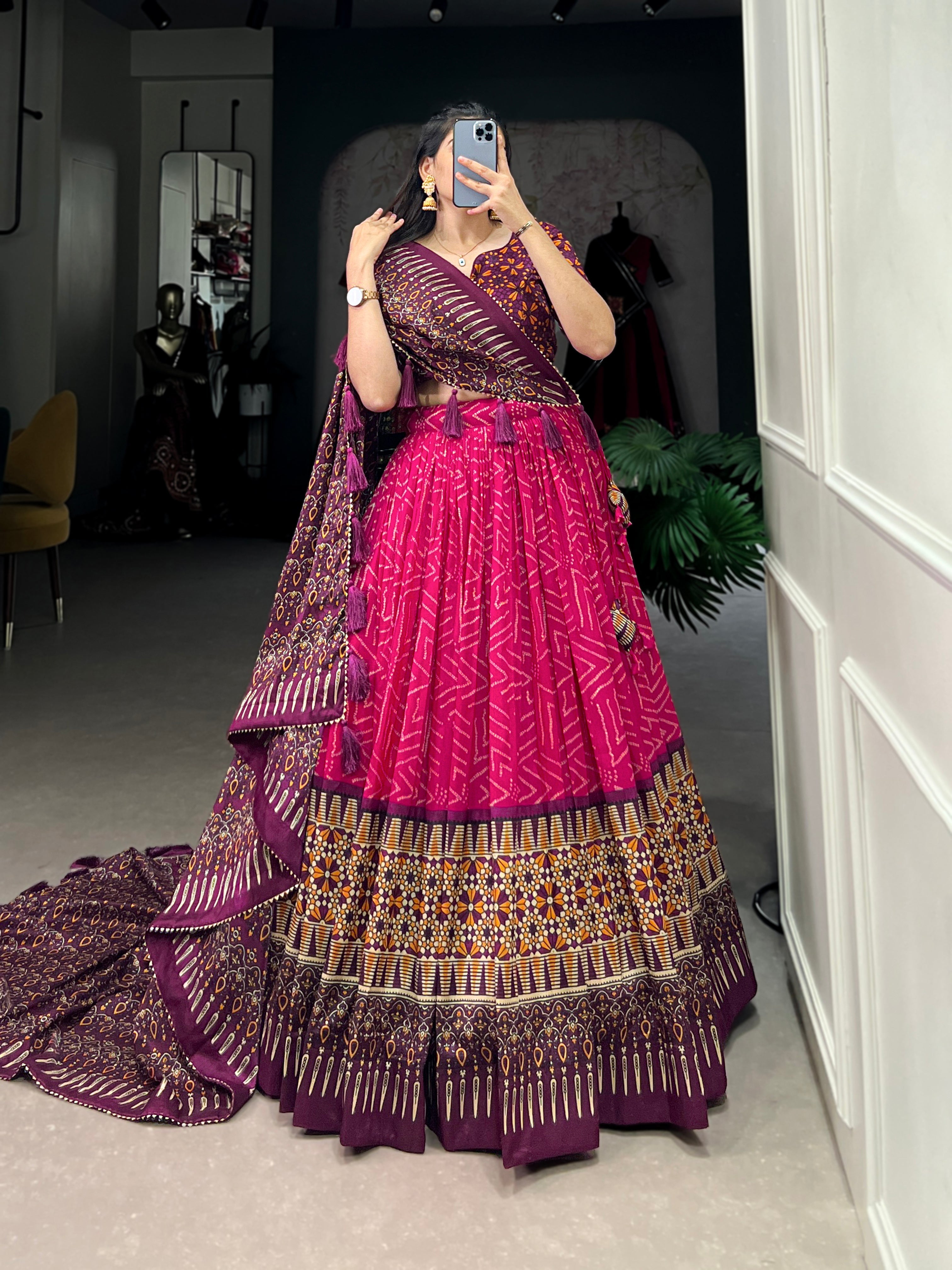 Bandhej and ajarakh print tussar silk lehenga choli
