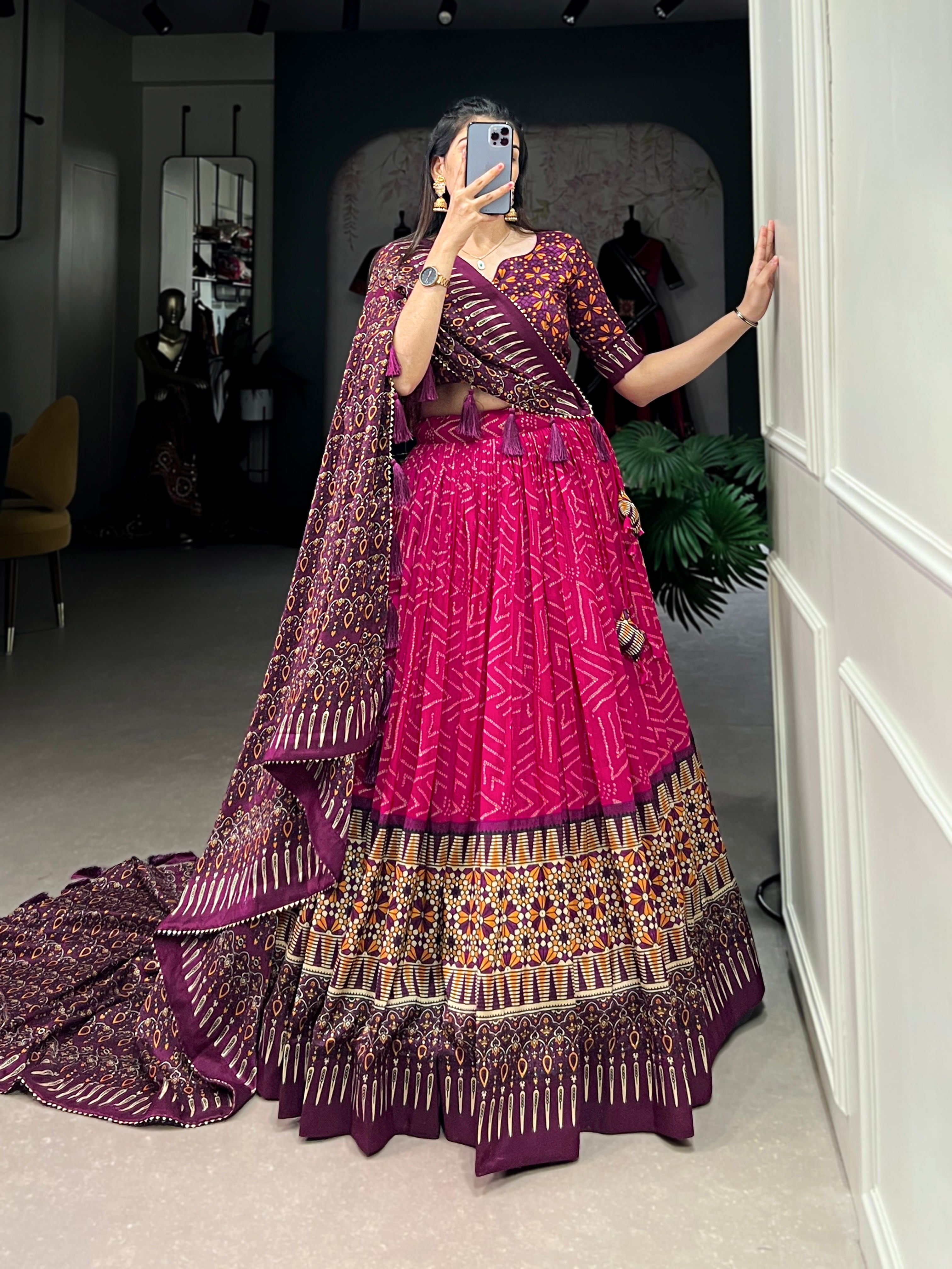 Bandhej and ajarakh print tussar silk lehenga choli