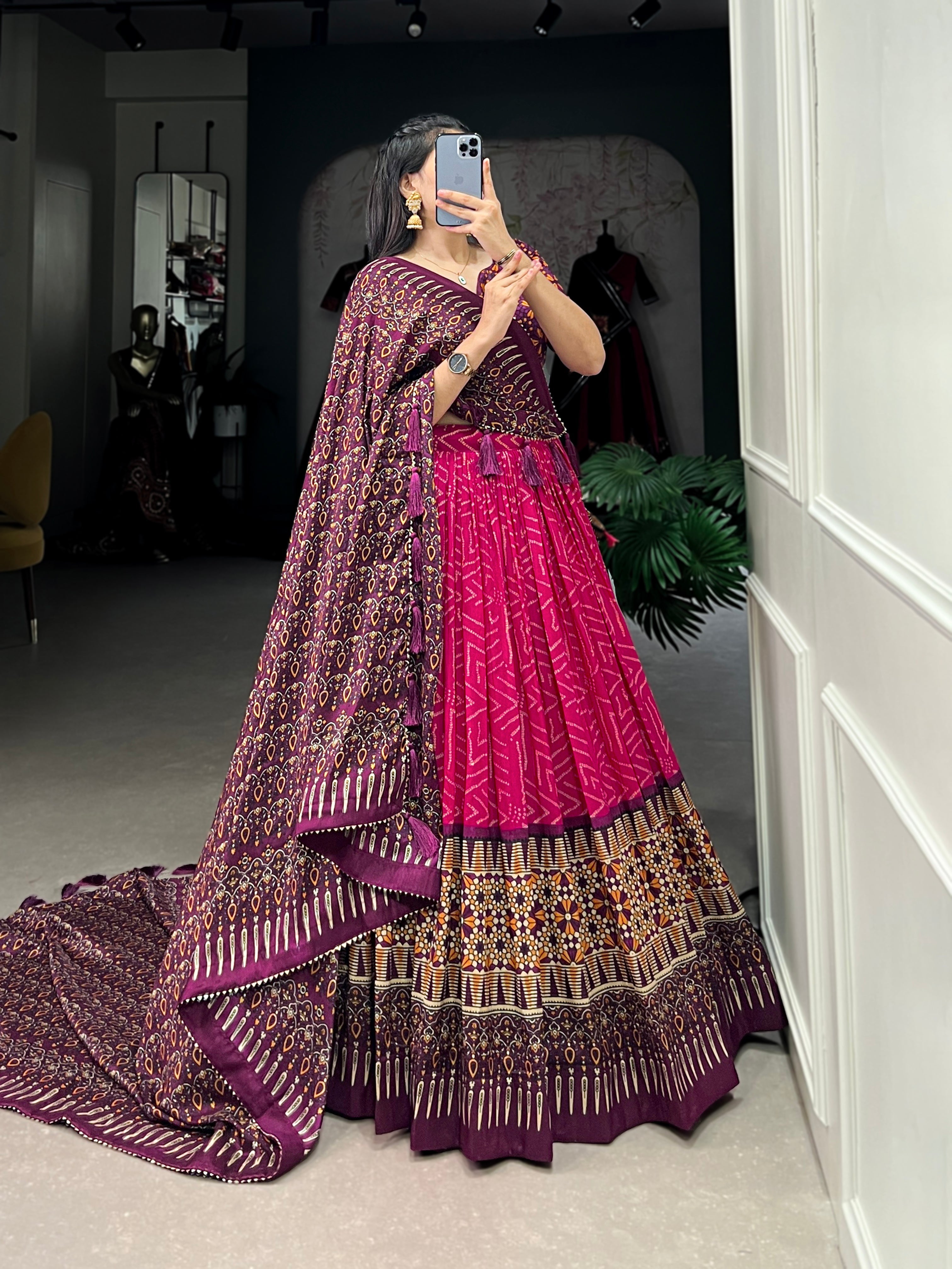 Bandhej and ajarakh print tussar silk lehenga choli