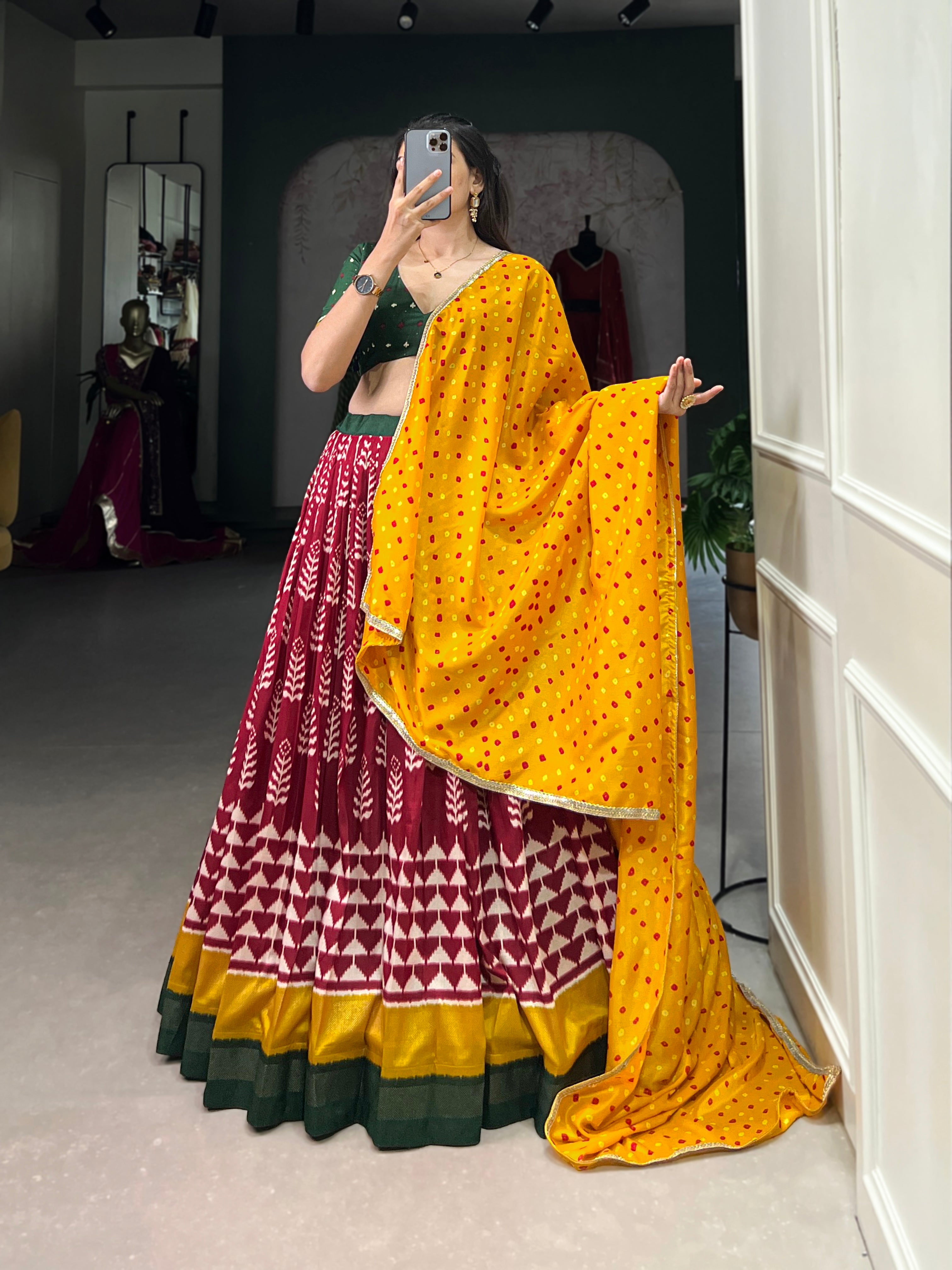 Graceful Tussar Silk Lehenga with Bandhej Dupatta