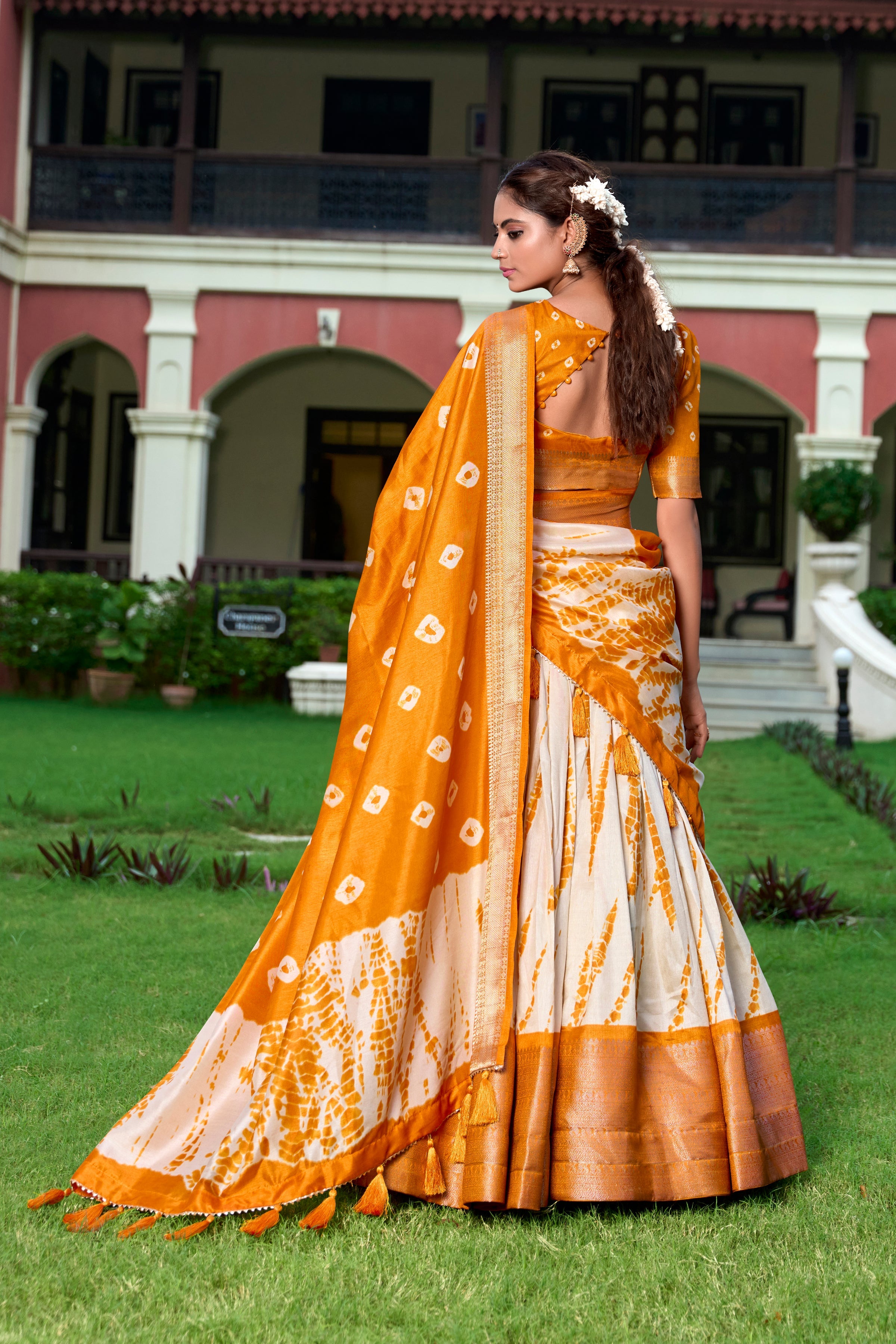 Mustard Color Shibori Print With Zari Weaving Border Dola Silk Chaniya Choli