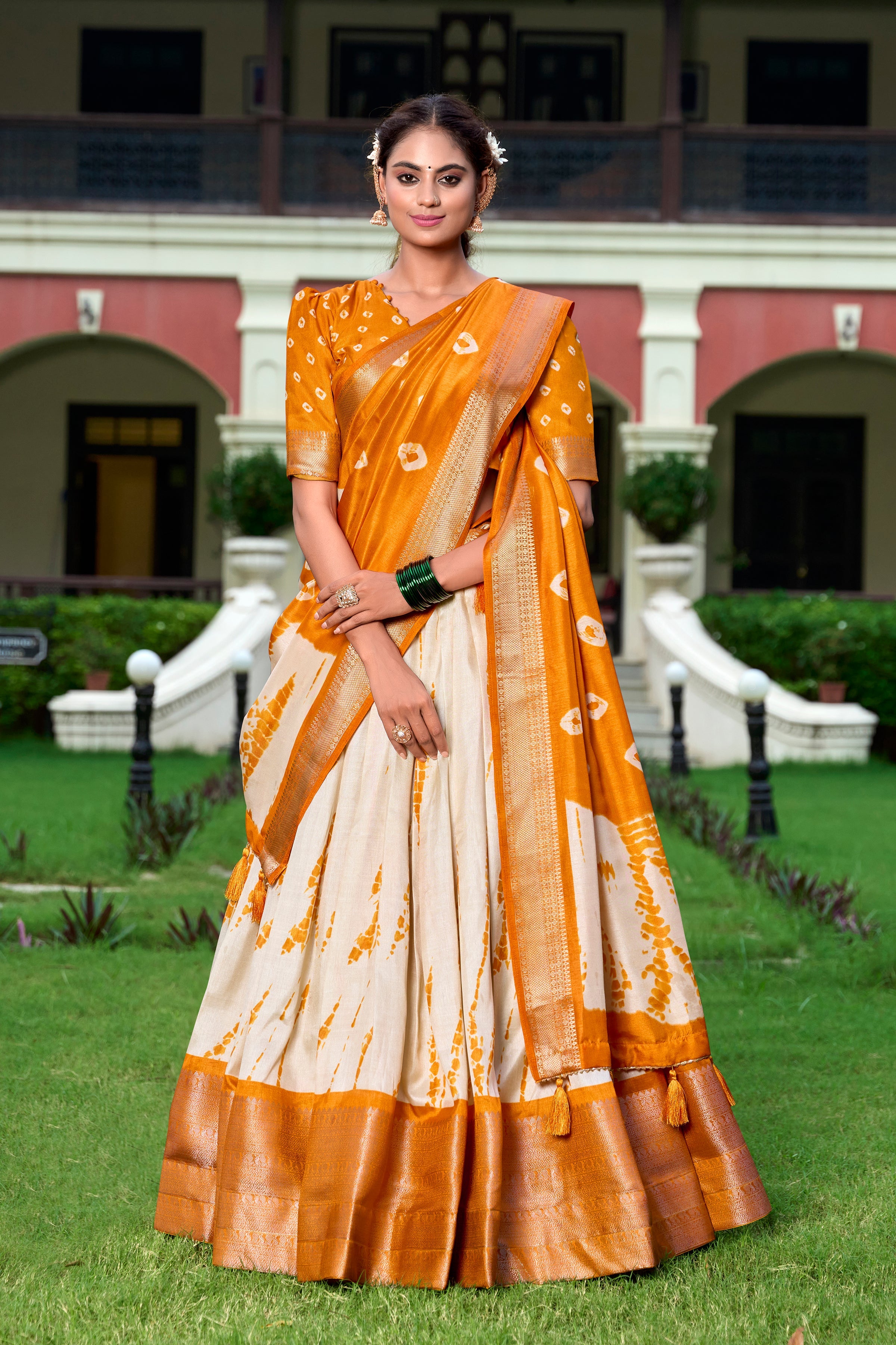 Mustard Color Shibori Print With Zari Weaving Border Dola Silk Chaniya Choli