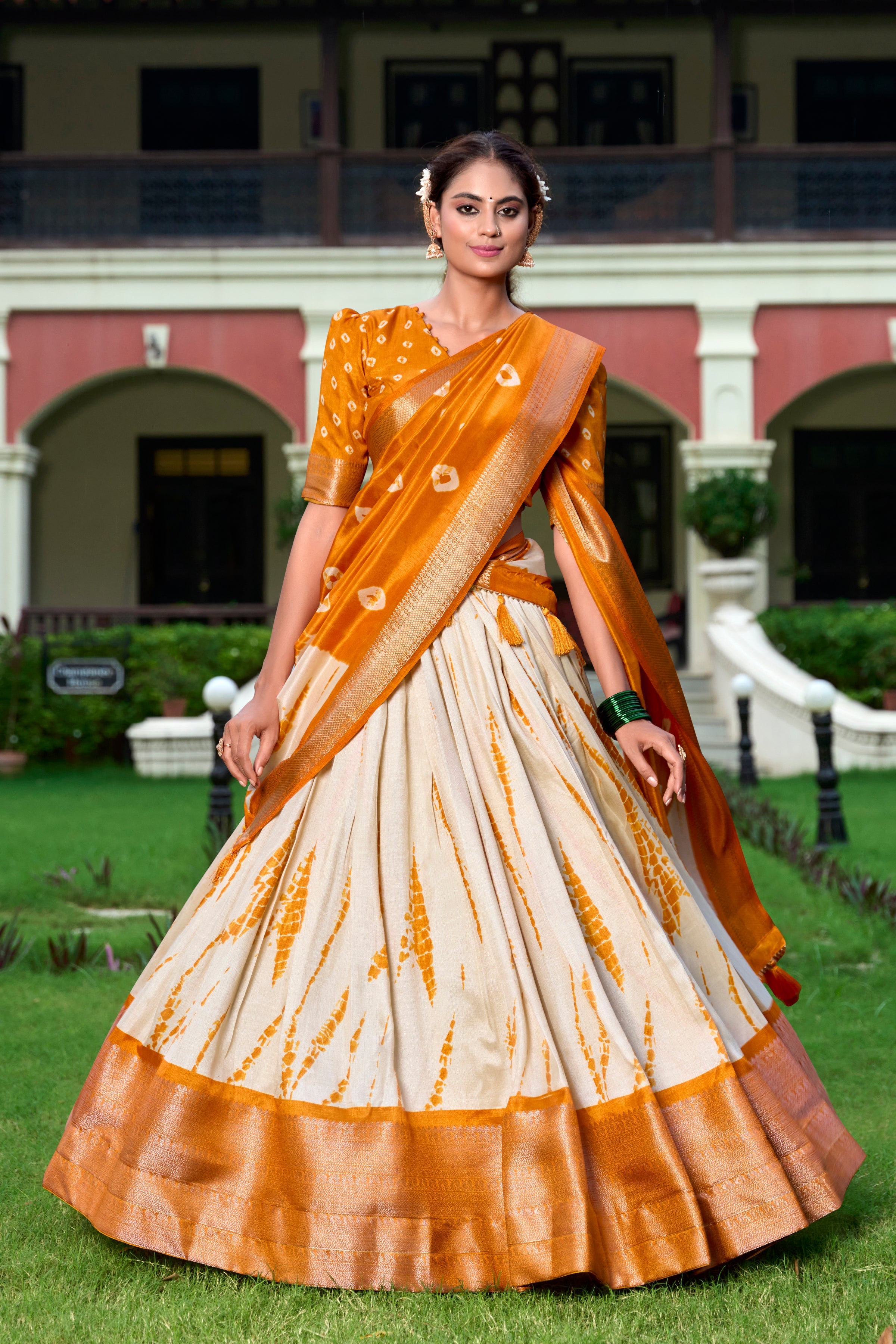 Mustard Color Shibori Print With Zari Weaving Border Dola Silk Chaniya Choli