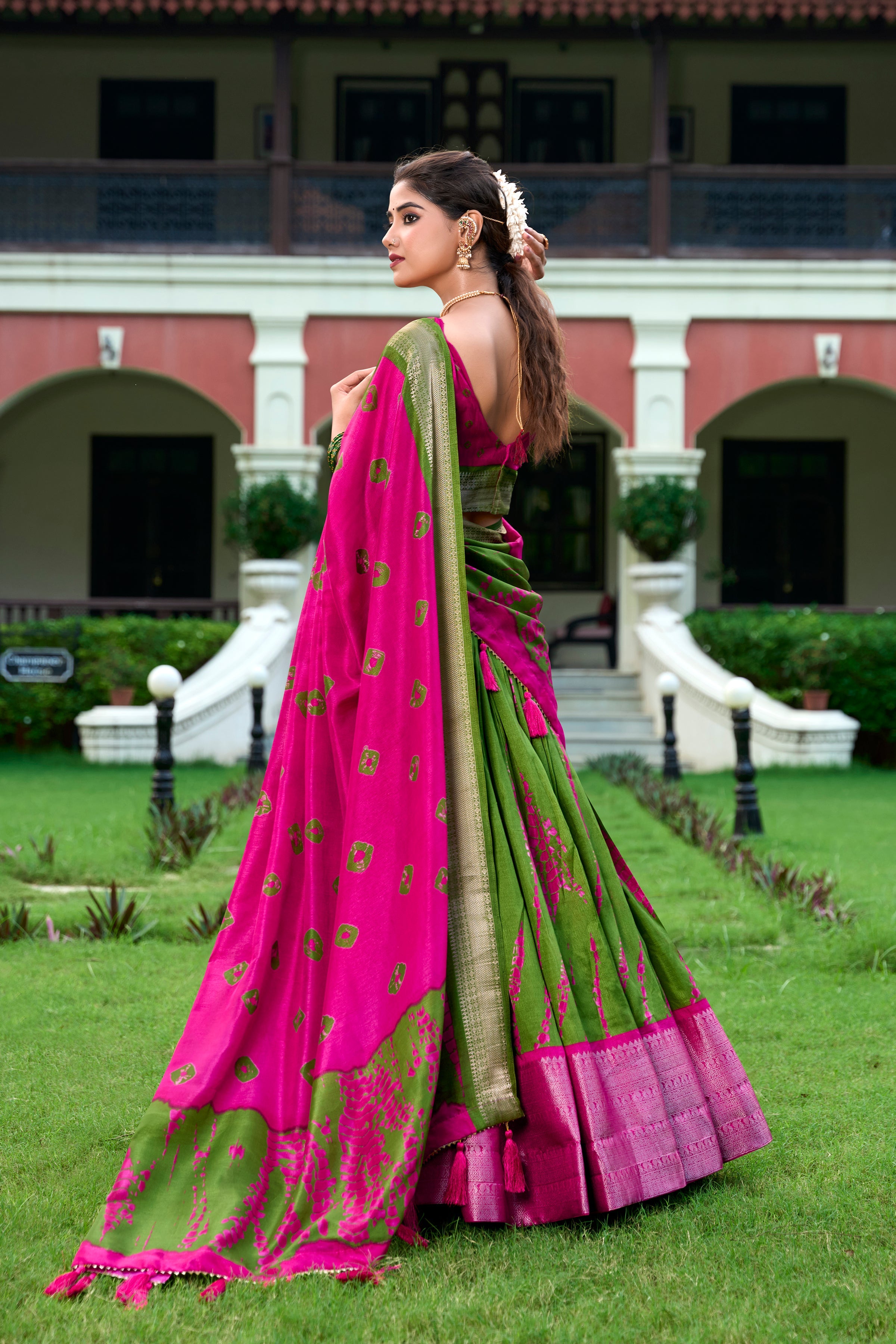 Pink Color Shibori Print With Zari Weaving Border Dola Silk Chaniya Choli