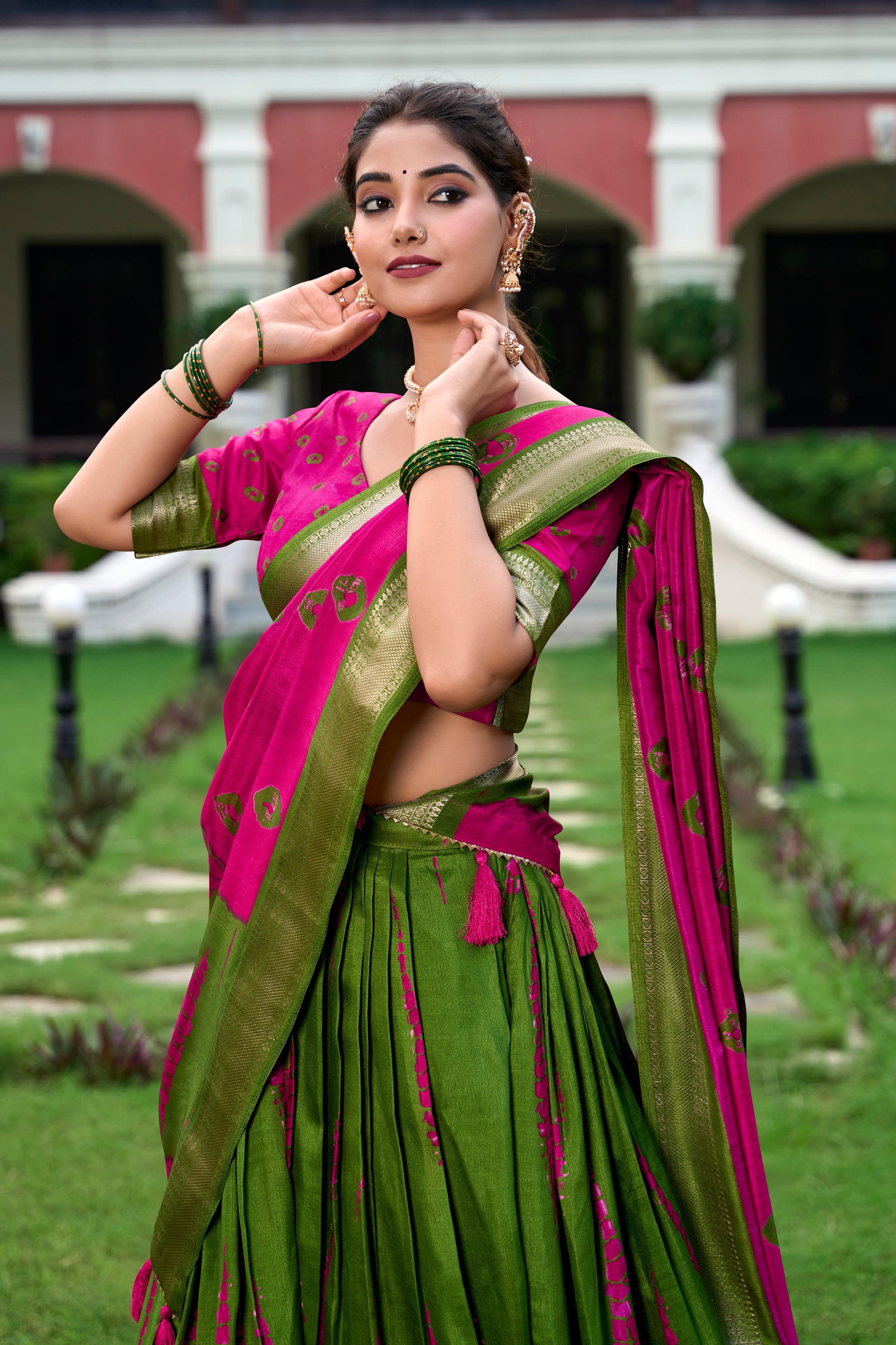 Pink Color Shibori Print With Zari Weaving Border Dola Silk Chaniya Choli