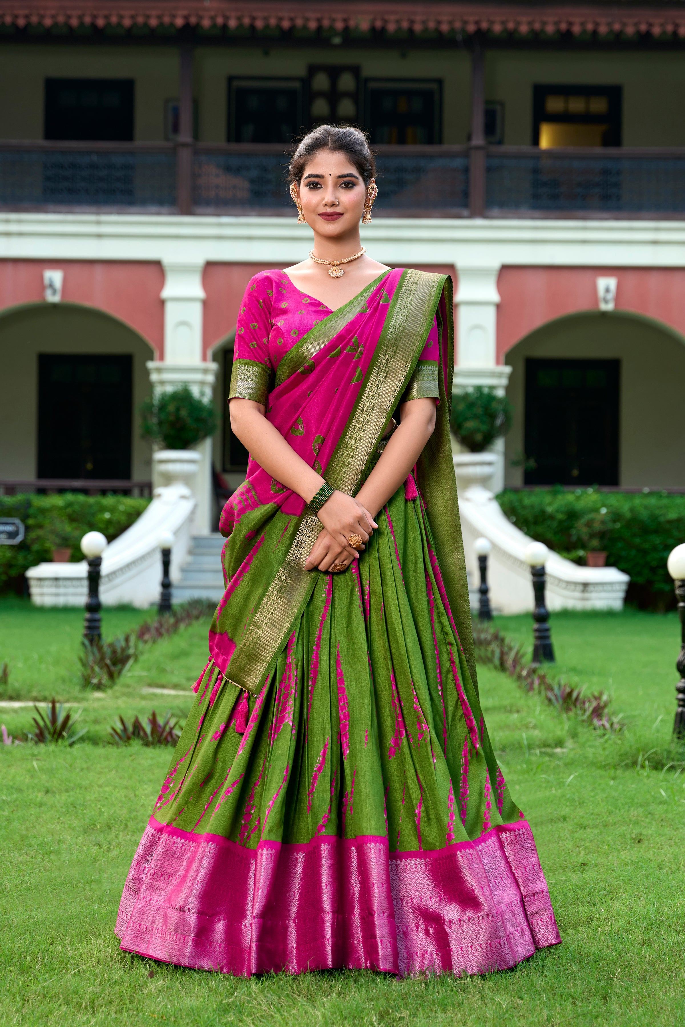 Pink Color Shibori Print With Zari Weaving Border Dola Silk Chaniya Choli