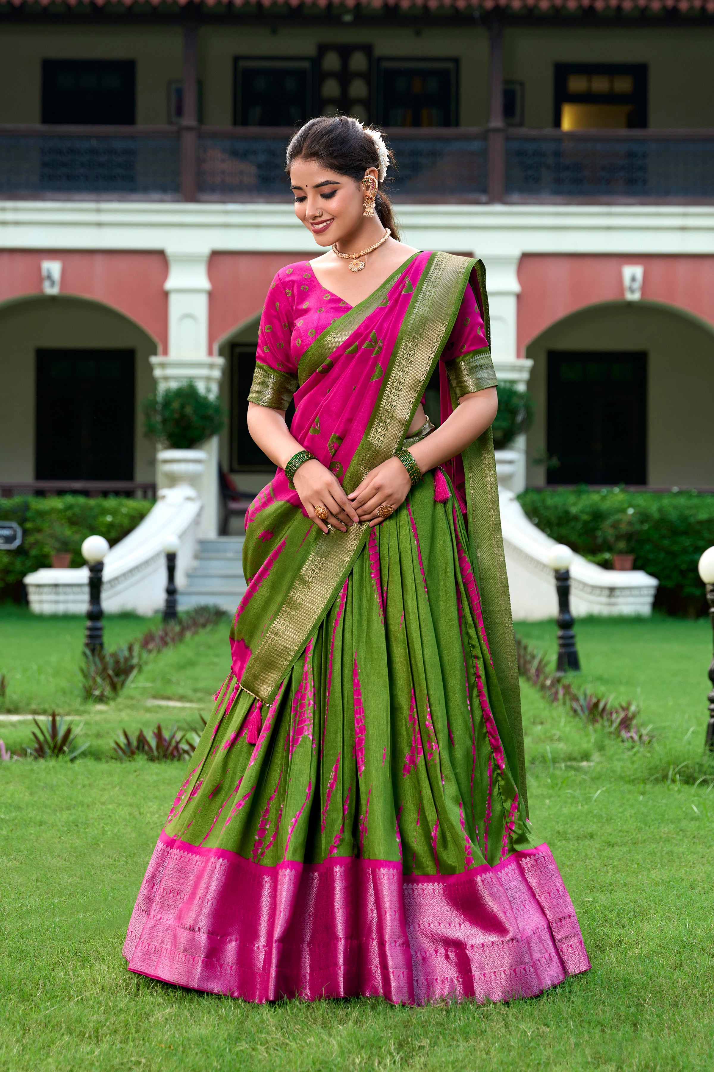 Pink Color Shibori Print With Zari Weaving Border Dola Silk Chaniya Choli