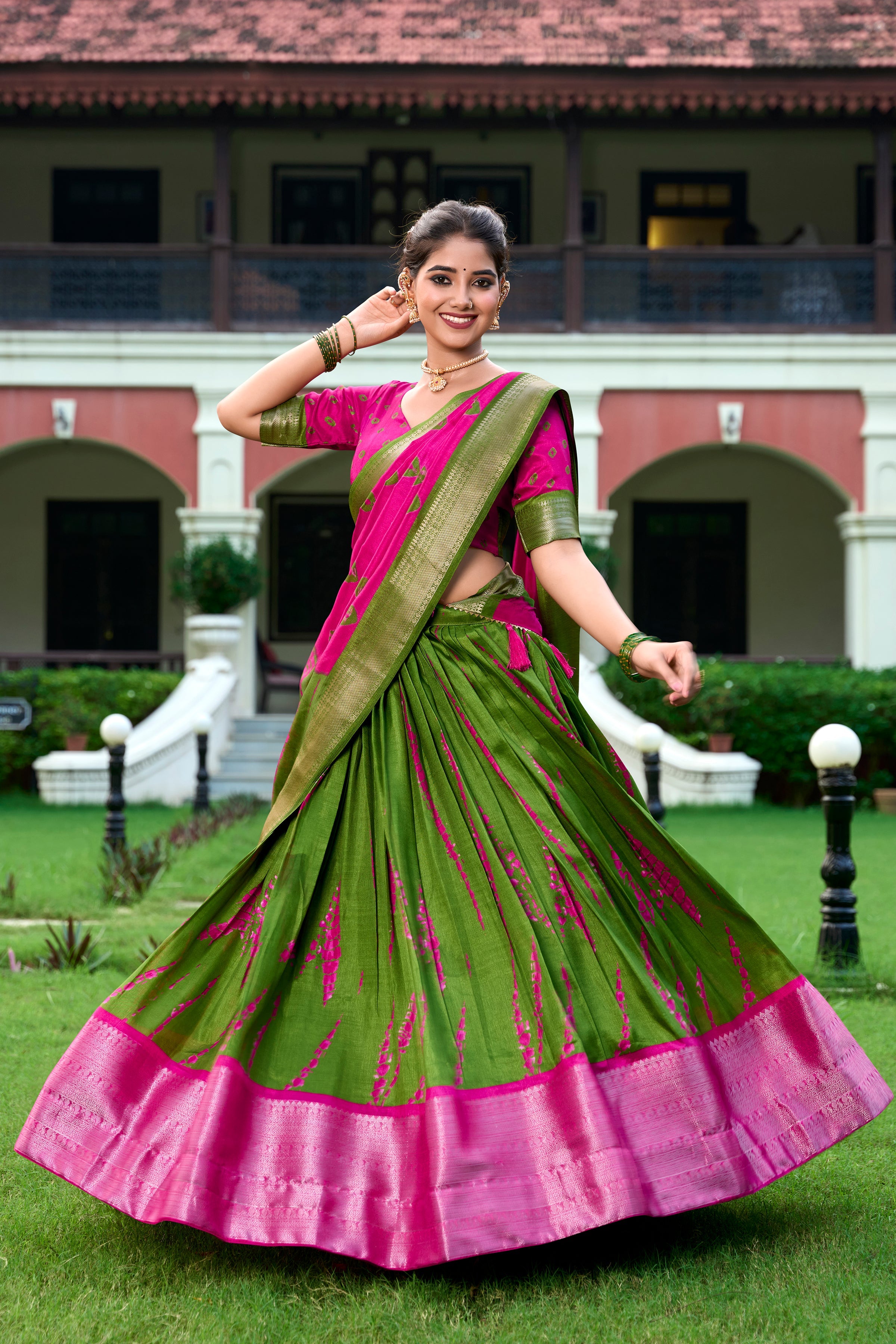 Pink Color Shibori Print With Zari Weaving Border Dola Silk Chaniya Choli