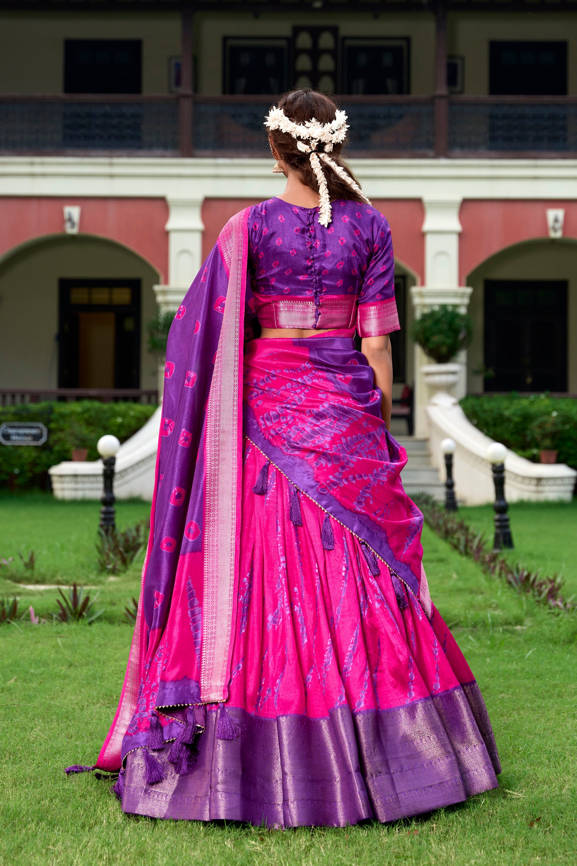 Purple Color Shibori Print With Zari Weaving Border Dola Silk Chaniya Choli