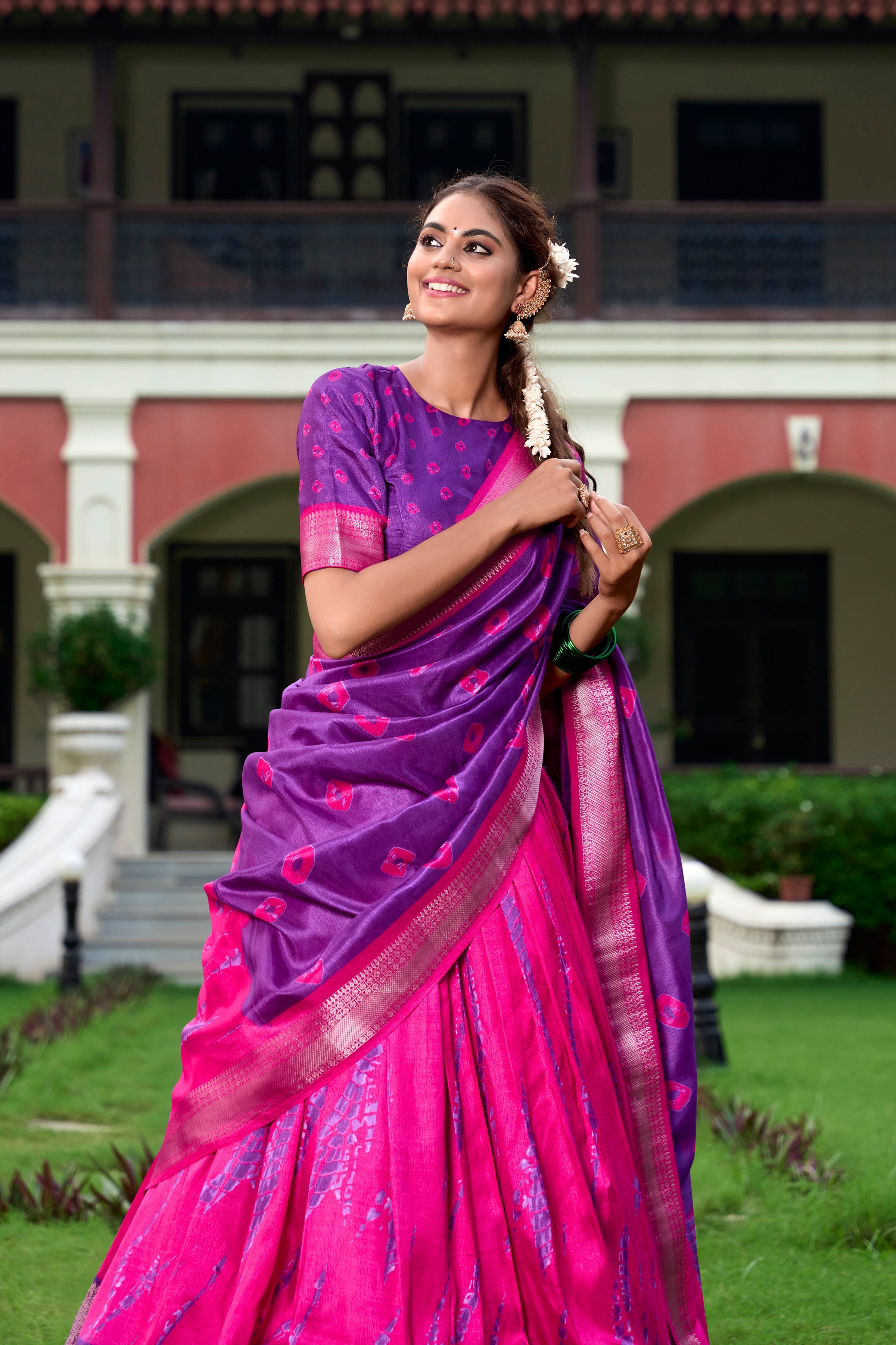 Purple Color Shibori Print With Zari Weaving Border Dola Silk Chaniya Choli