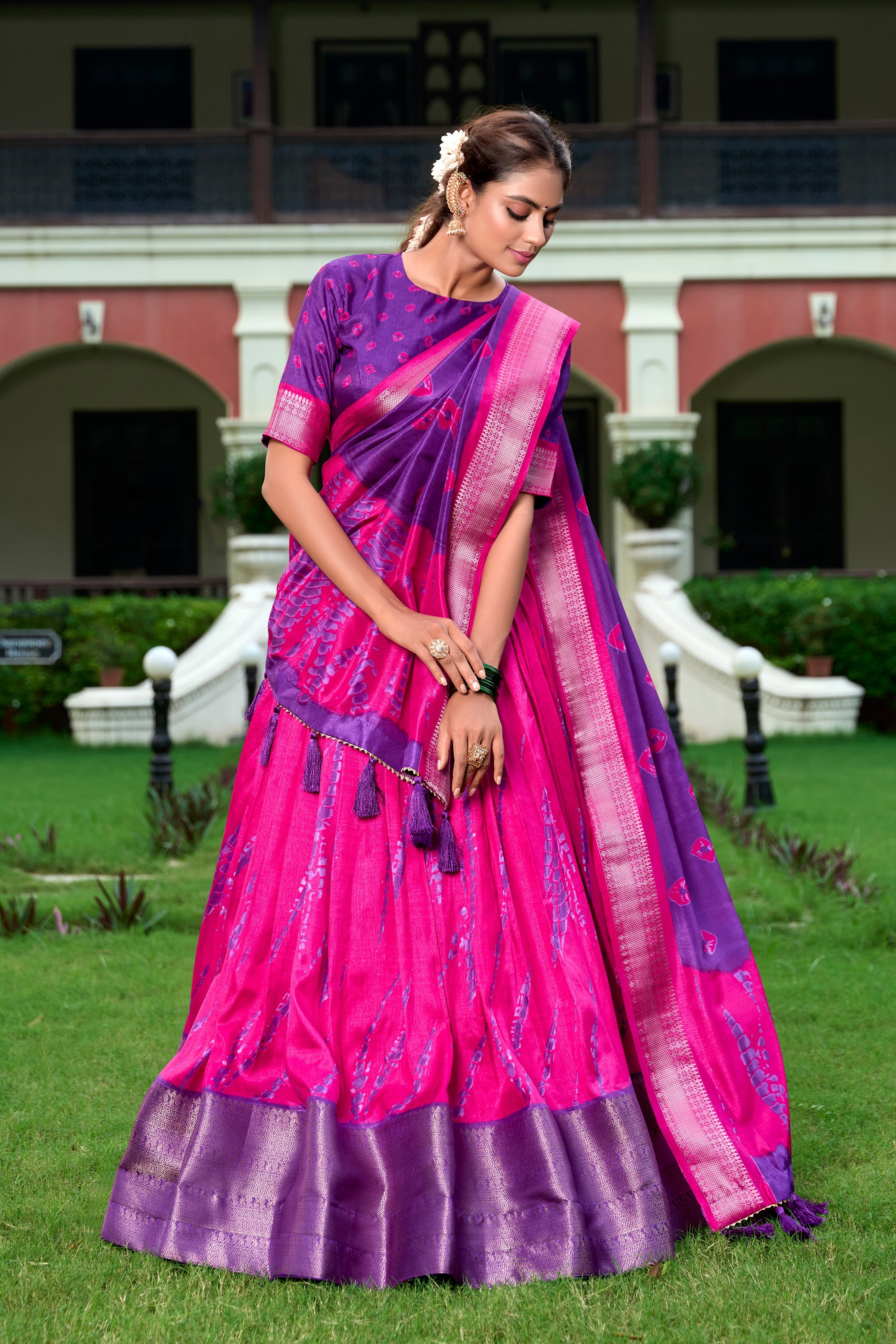 Purple Color Shibori Print With Zari Weaving Border Dola Silk Chaniya Choli