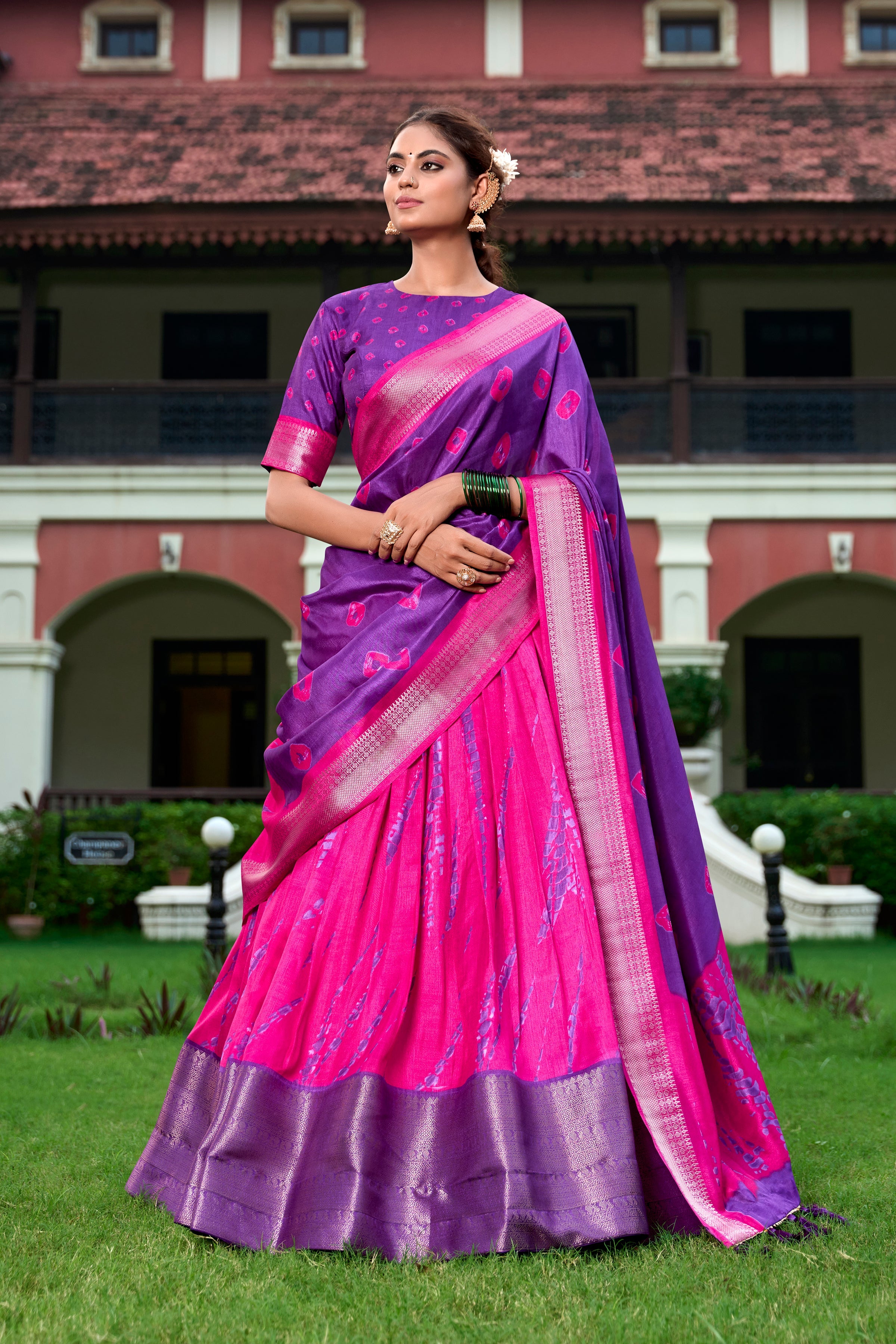 Purple Color Shibori Print With Zari Weaving Border Dola Silk Chaniya Choli