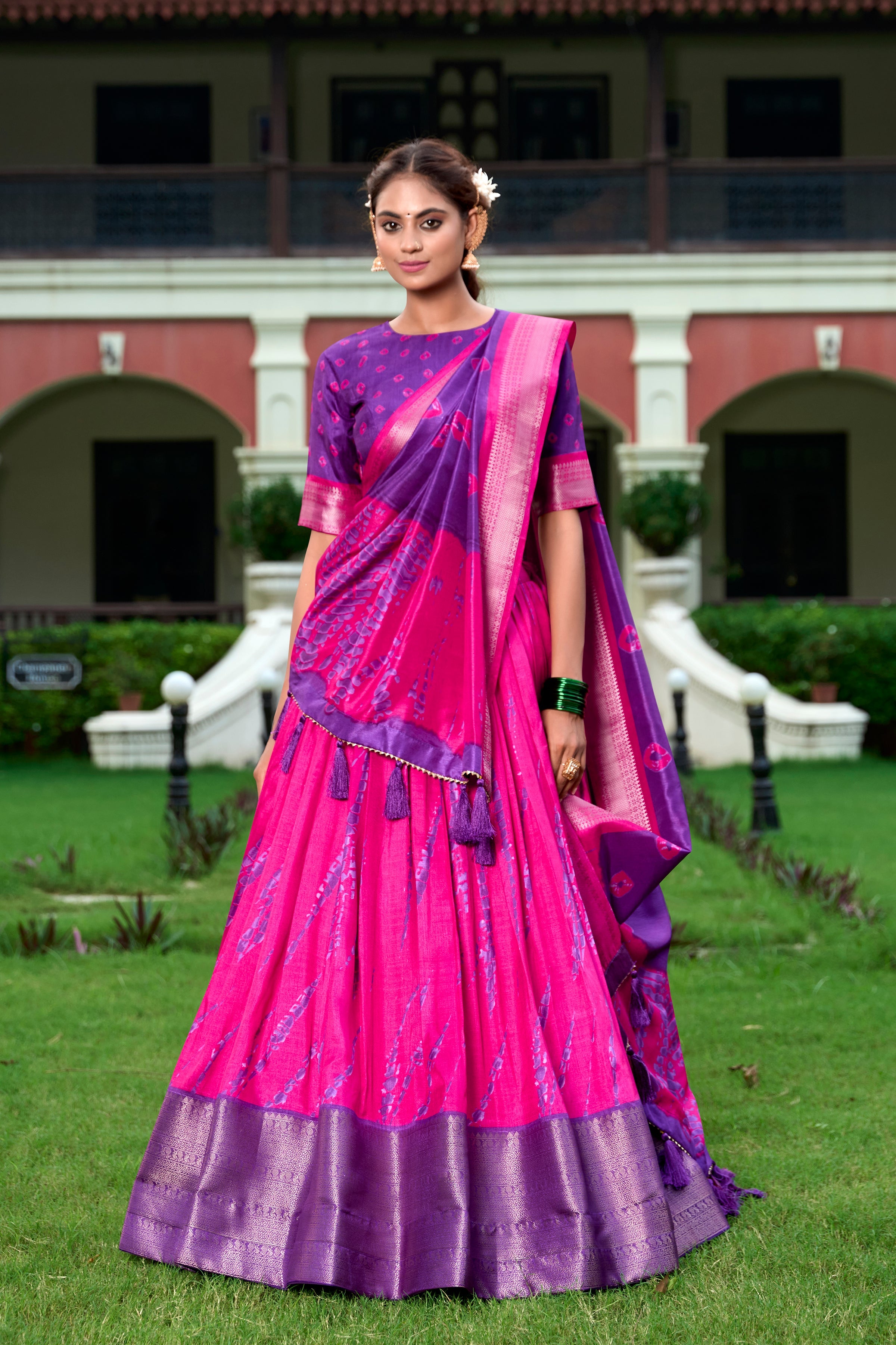 Purple Color Shibori Print With Zari Weaving Border Dola Silk Chaniya Choli