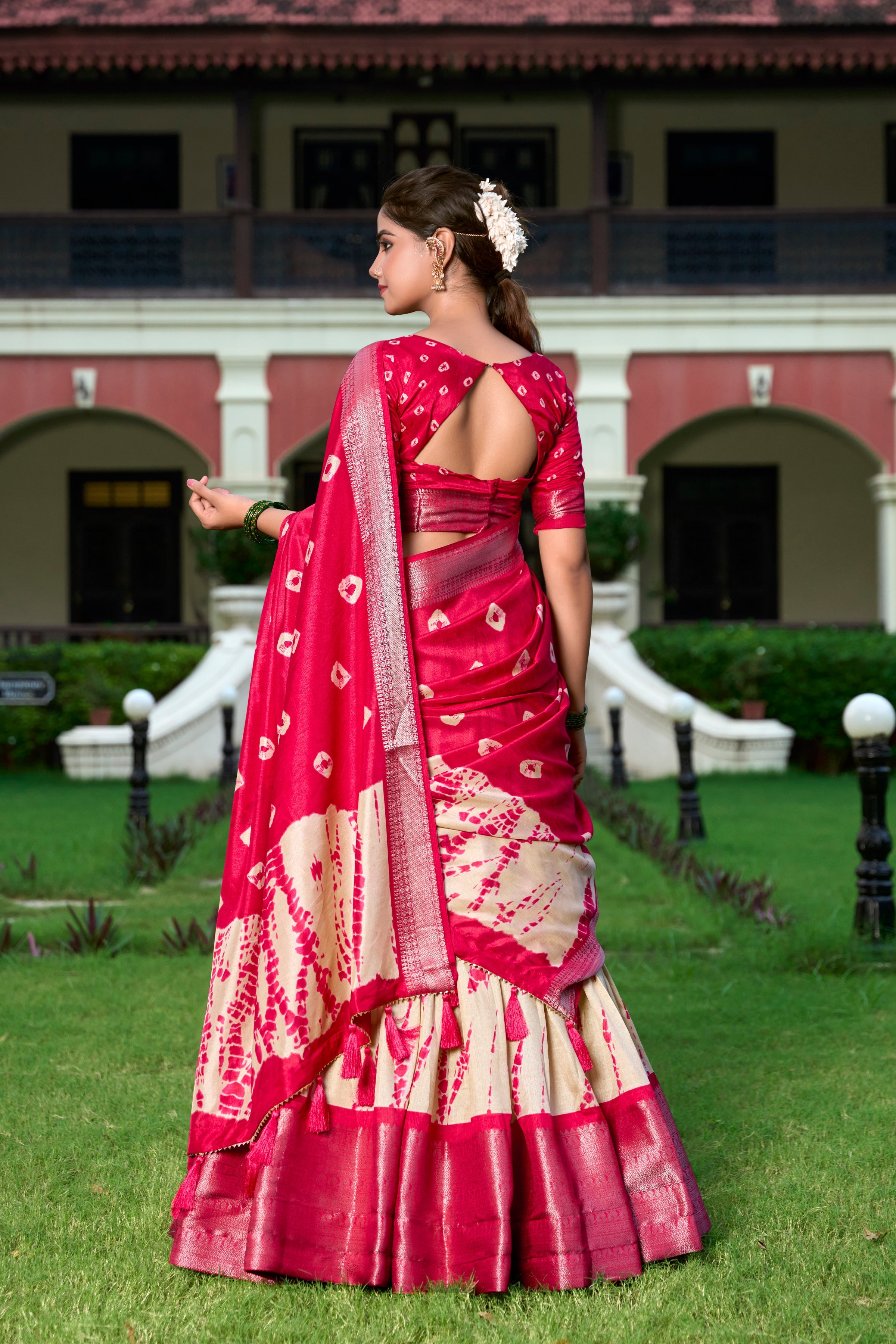 Red Color Shibori Print With Zari Weaving Border Dola Silk Chaniya Choli
