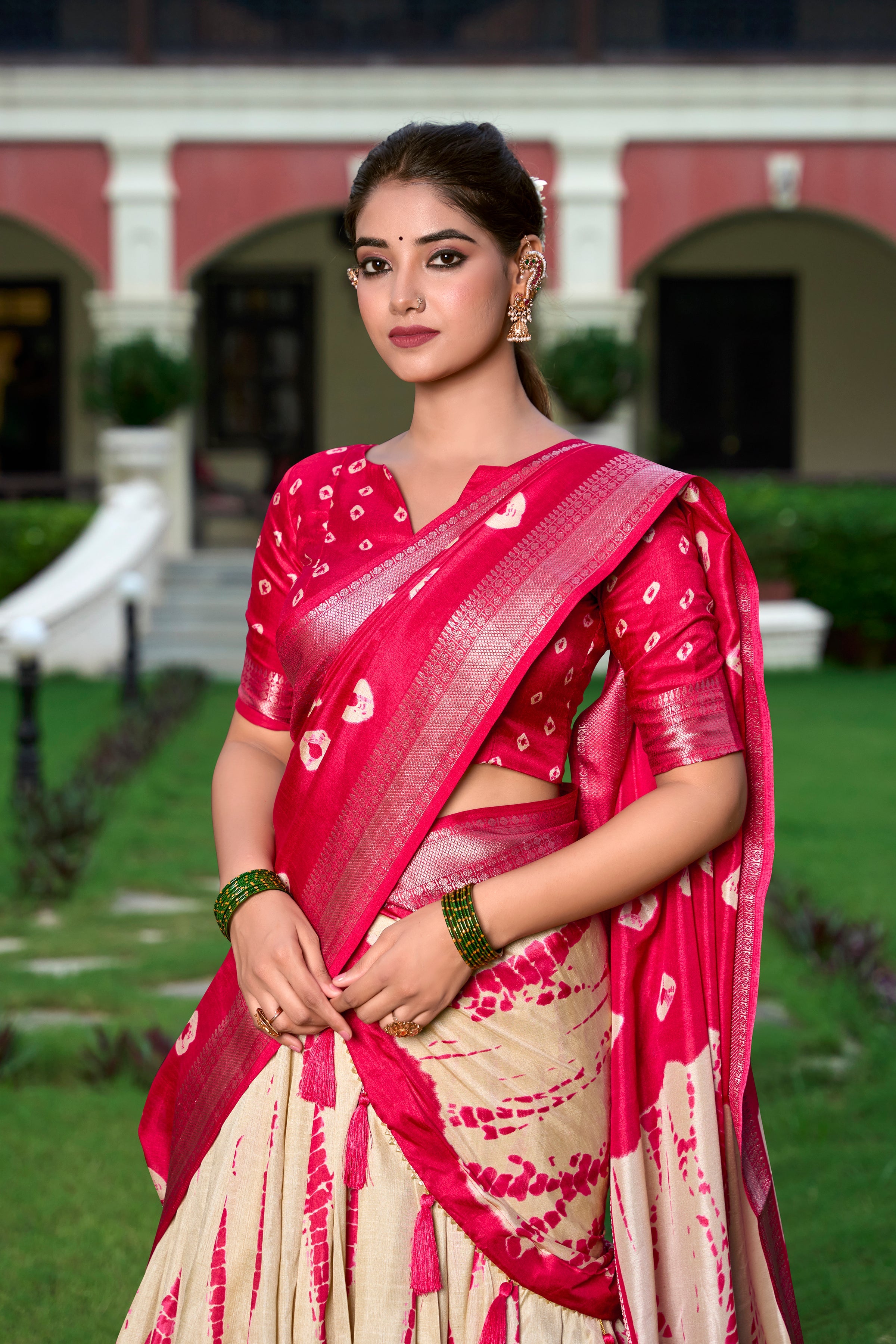 Red Color Shibori Print With Zari Weaving Border Dola Silk Chaniya Choli