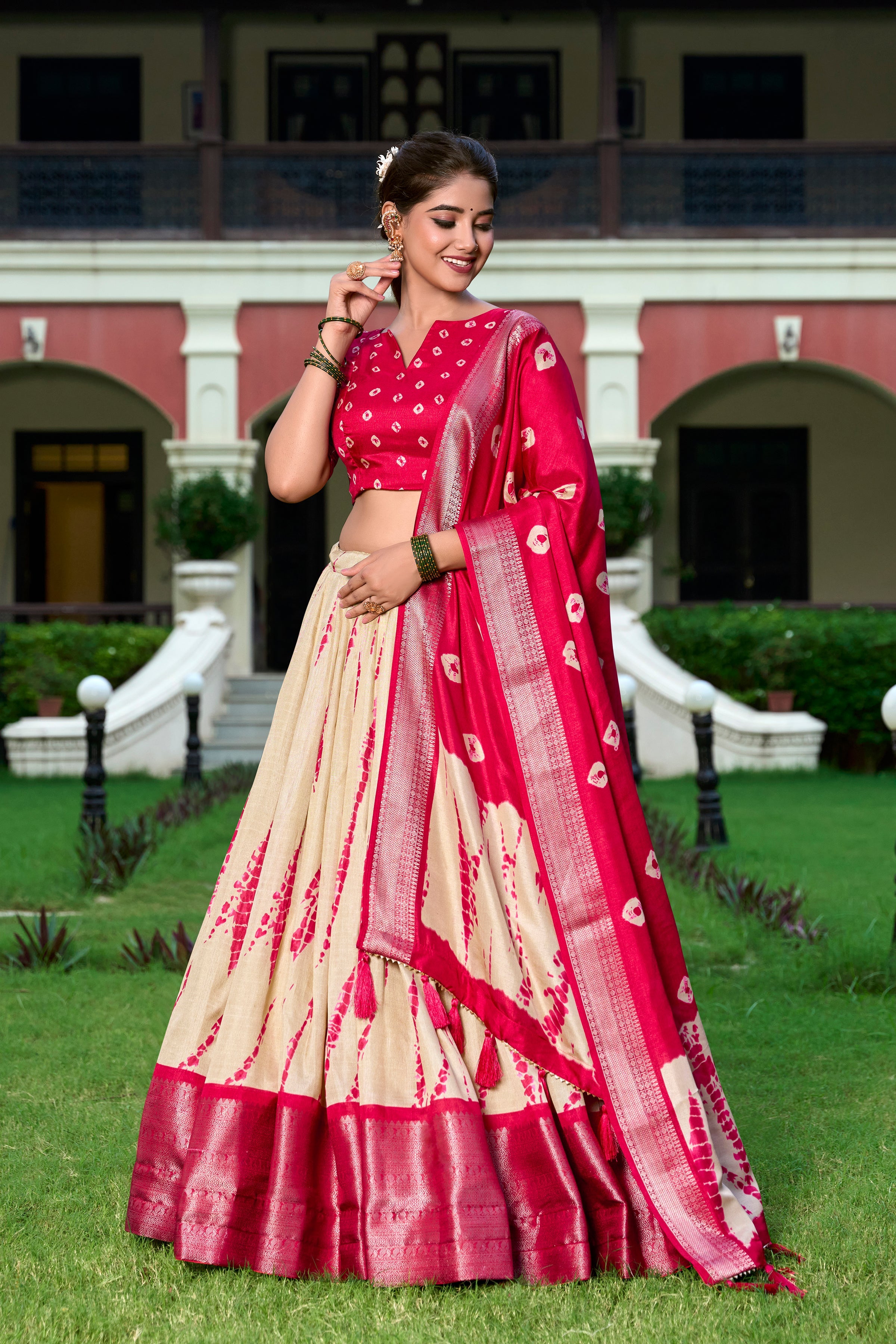 Red Color Shibori Print With Zari Weaving Border Dola Silk Chaniya Choli