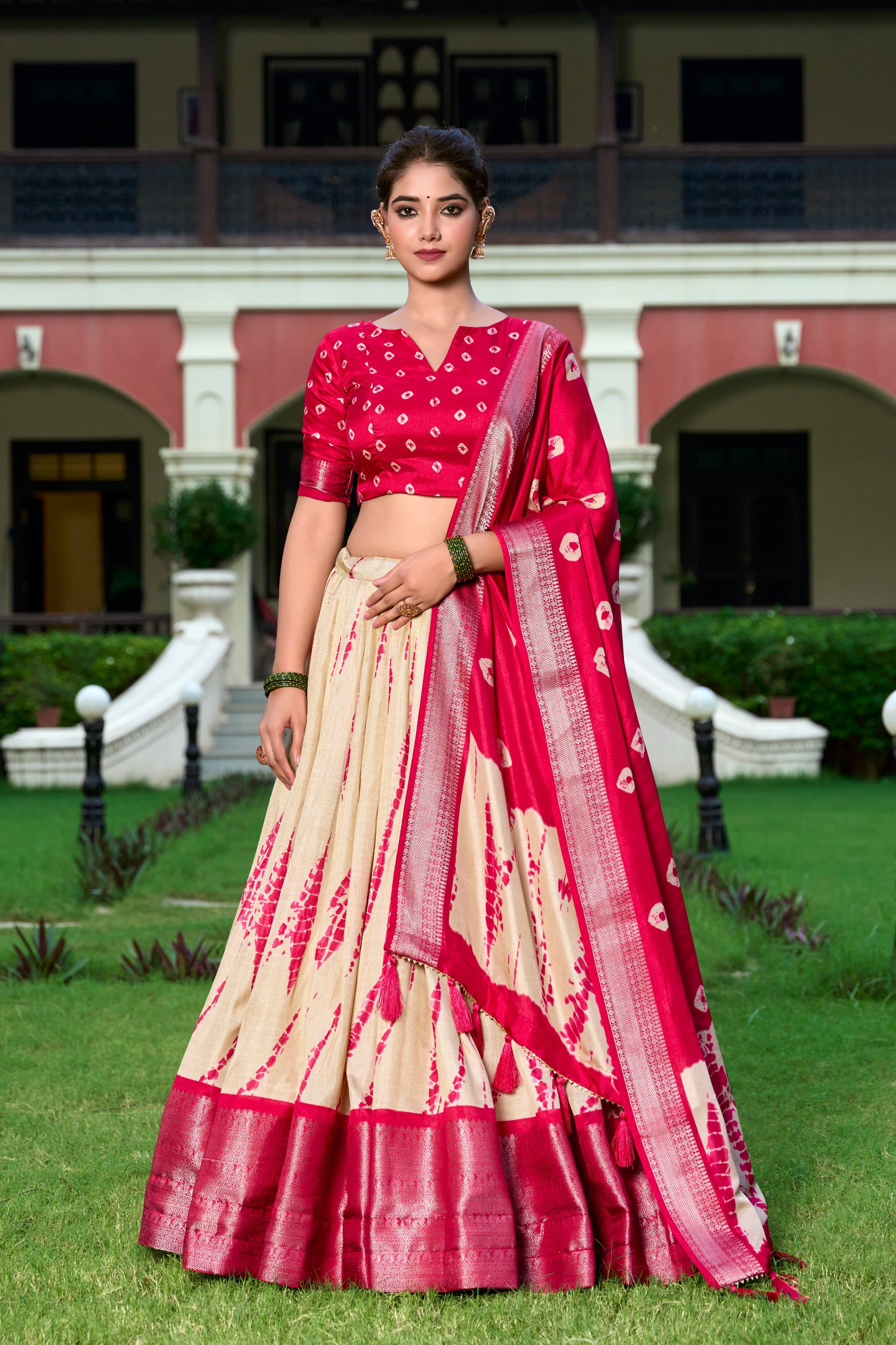 Red Color Shibori Print With Zari Weaving Border Dola Silk Chaniya Choli