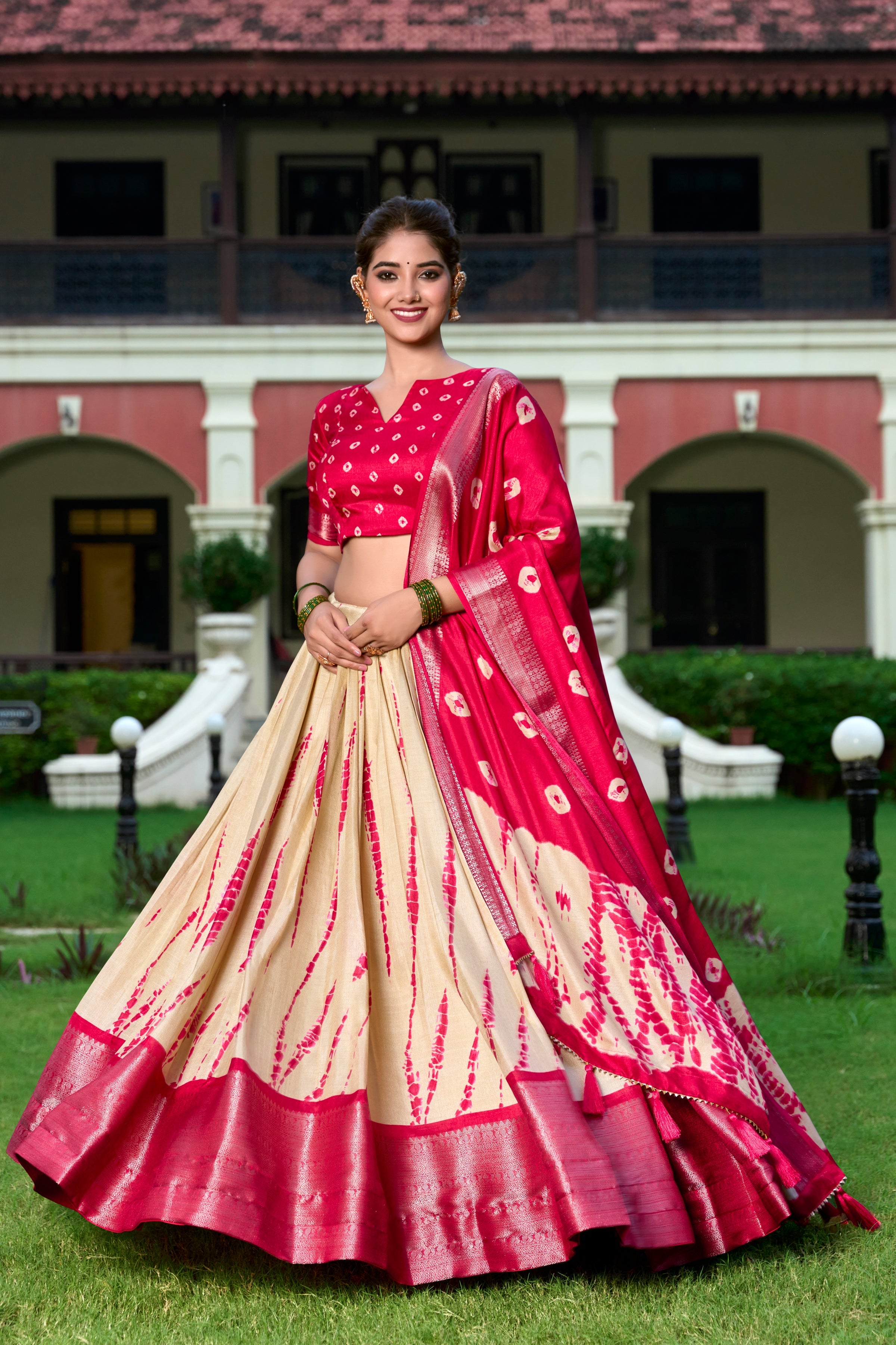 Red Color Shibori Print With Zari Weaving Border Dola Silk Chaniya Choli