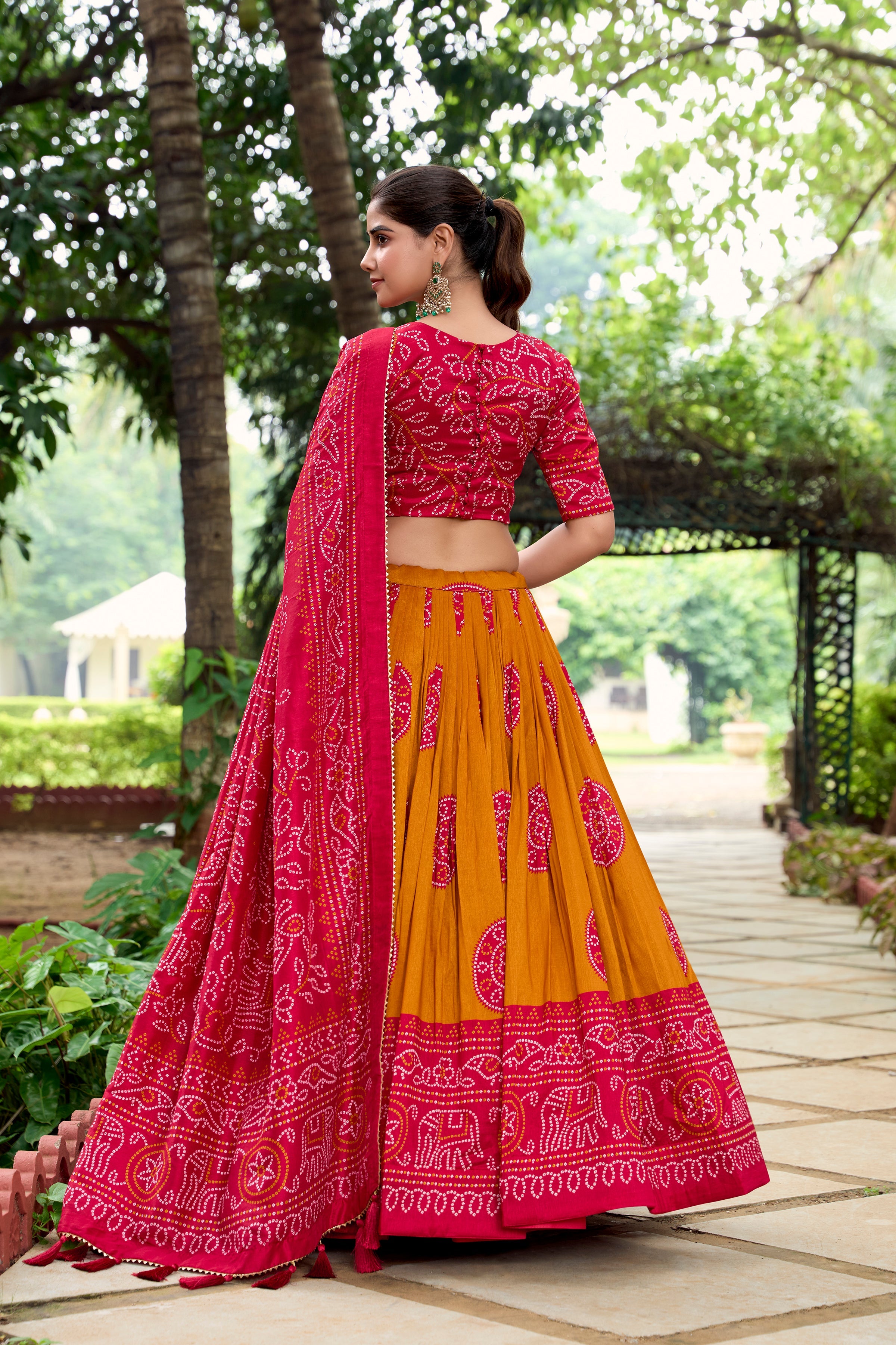 Mustard Color Bandhej Printed Tussar Silk Women Wear Lehenga Choli