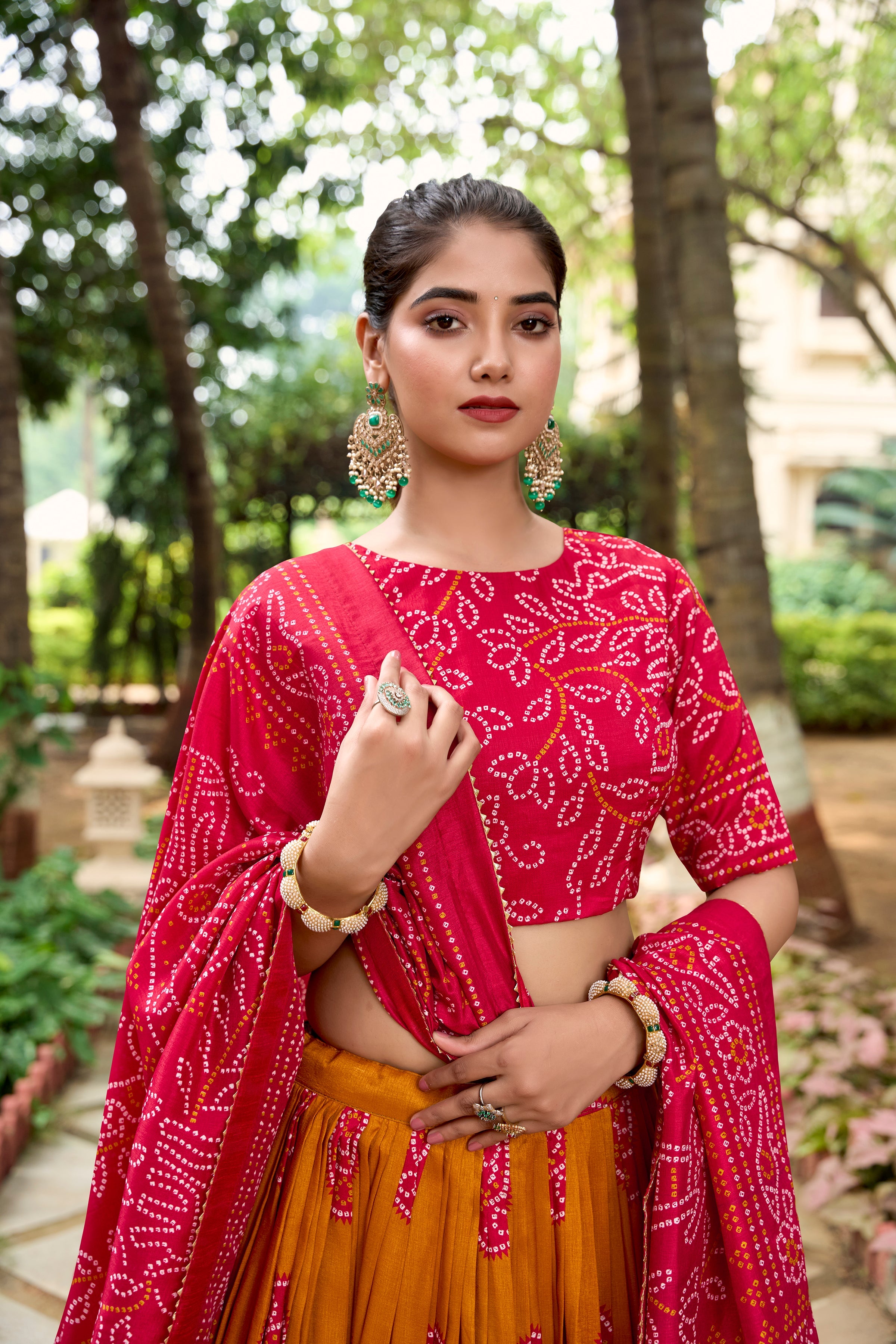 Mustard Color Bandhej Printed Tussar Silk Women Wear Lehenga Choli