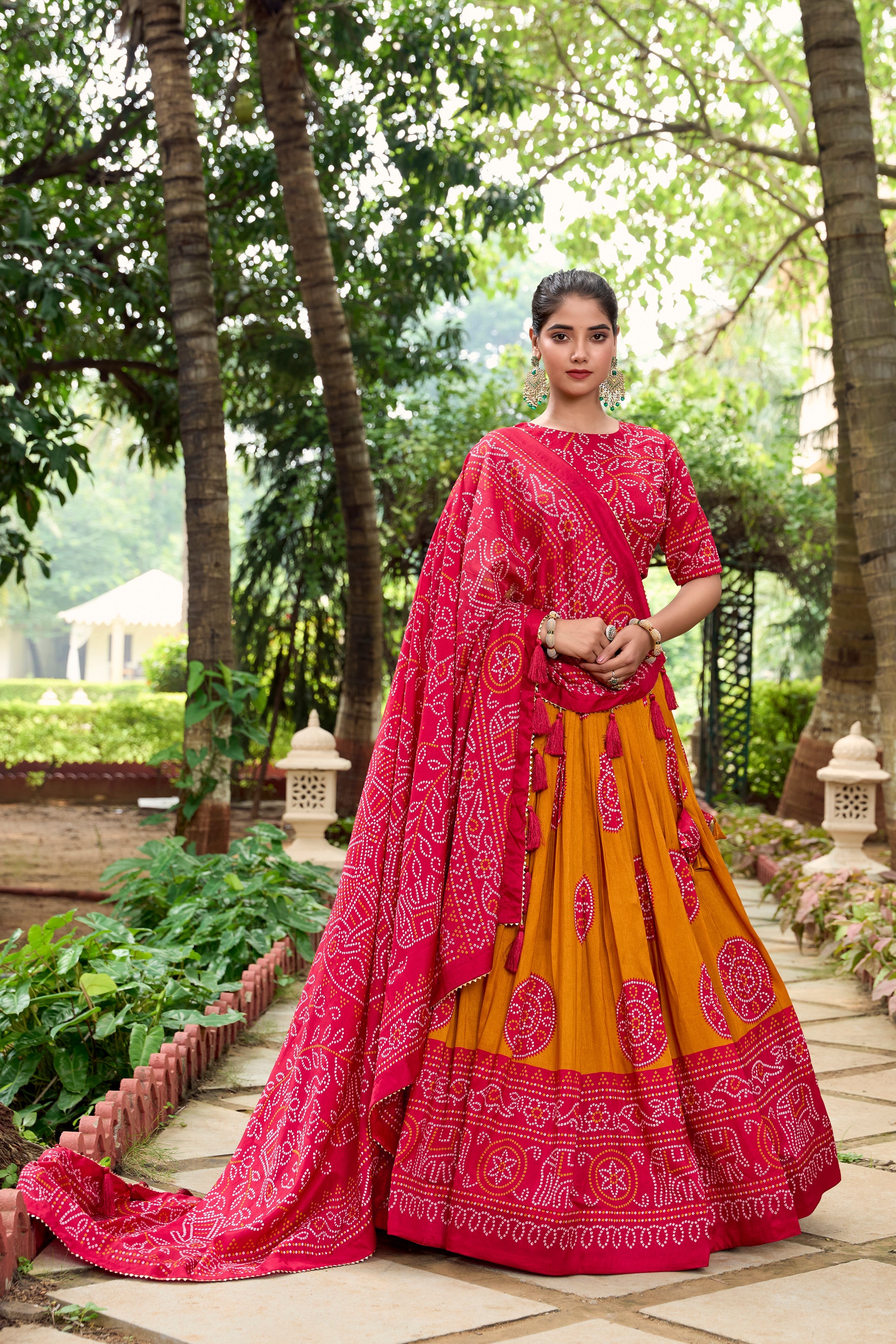 Mustard Color Bandhej Printed Tussar Silk Women Wear Lehenga Choli