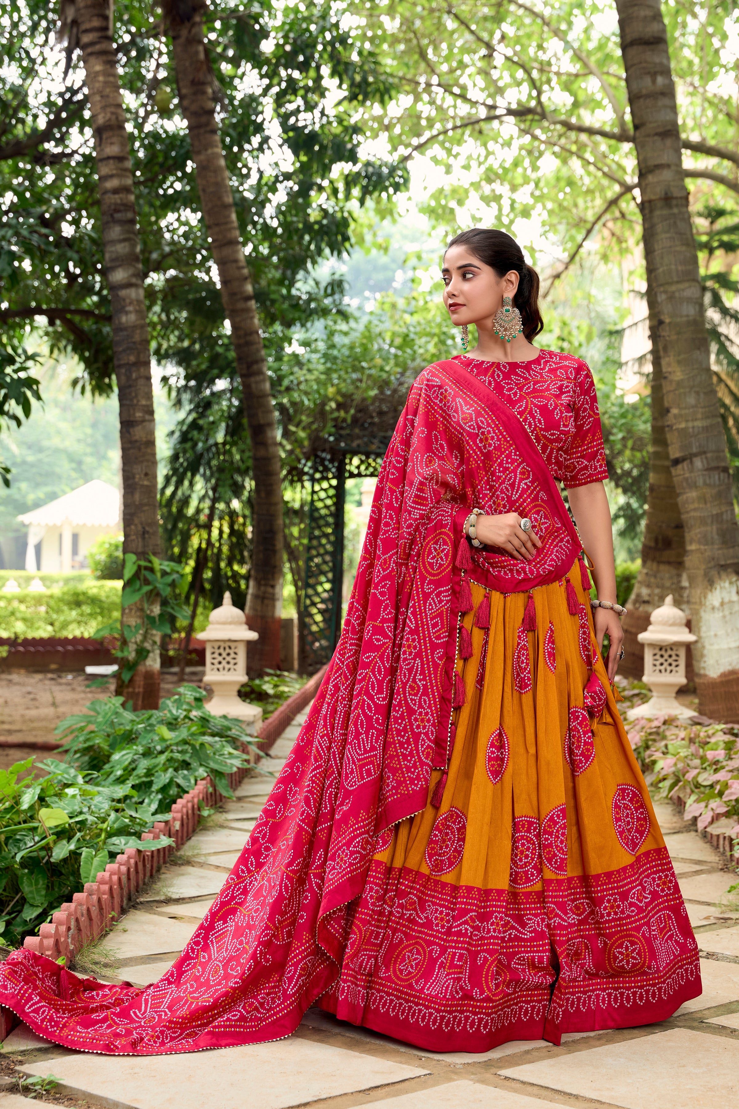 Mustard Color Bandhej Printed Tussar Silk Women Wear Lehenga Choli